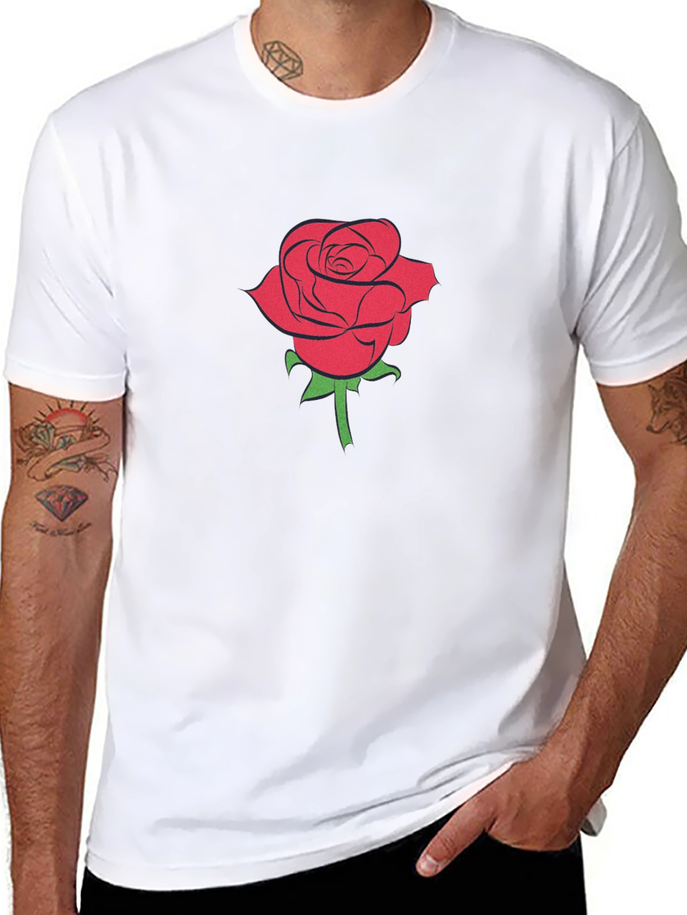 Black T-Shirt with Red Rose Graphic