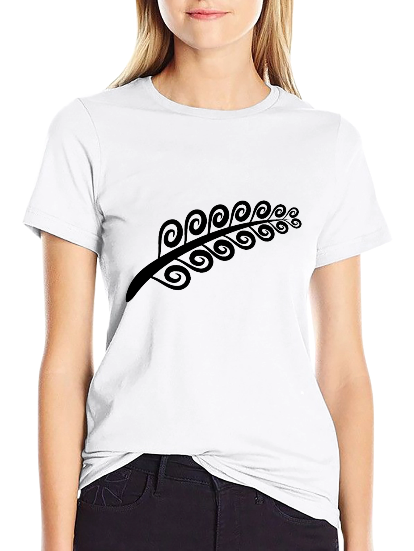Modern Black Tee with Abstract Fern Design