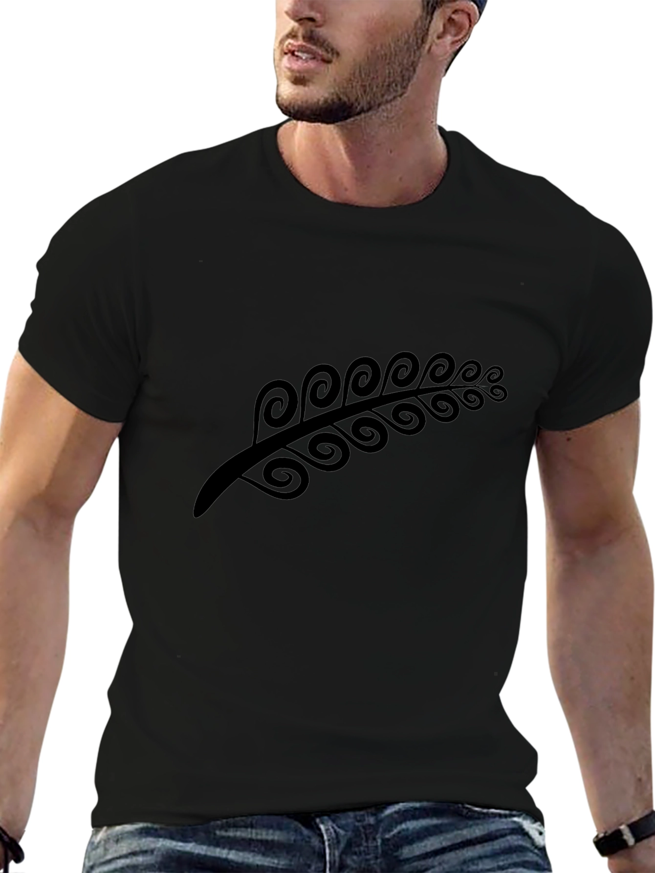 Modern Black Tee with Abstract Fern Design