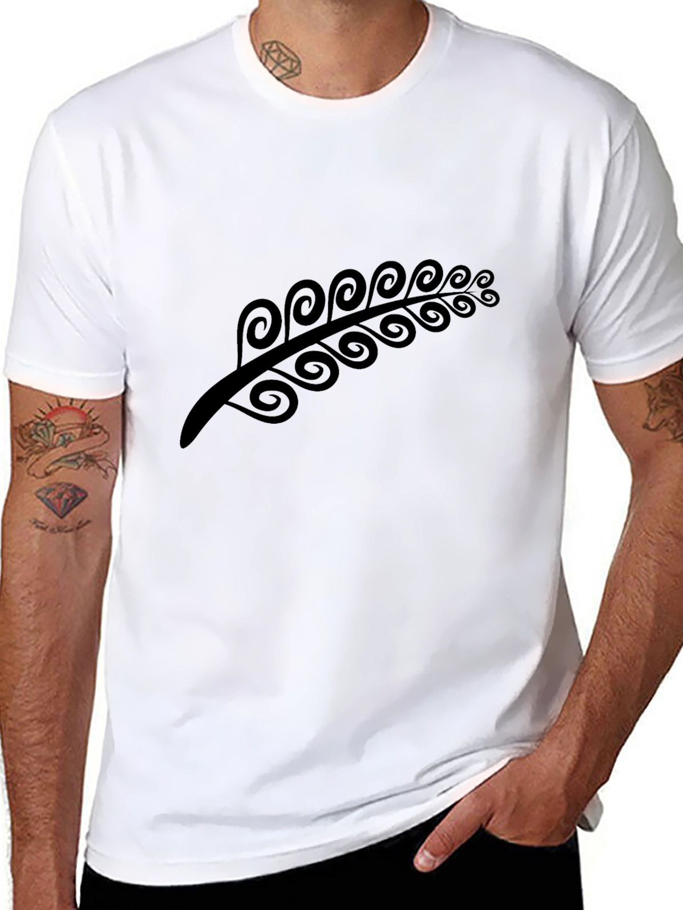 Modern Black Tee with Abstract Fern Design