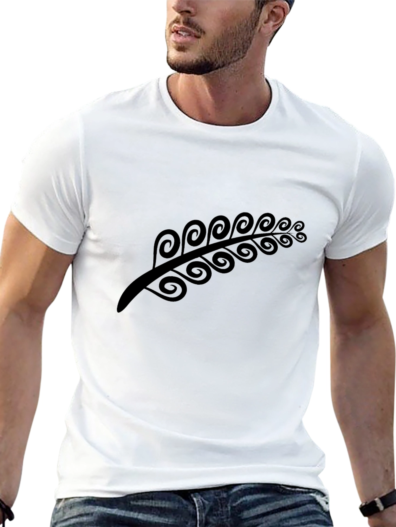 Modern Black Tee with Abstract Fern Design