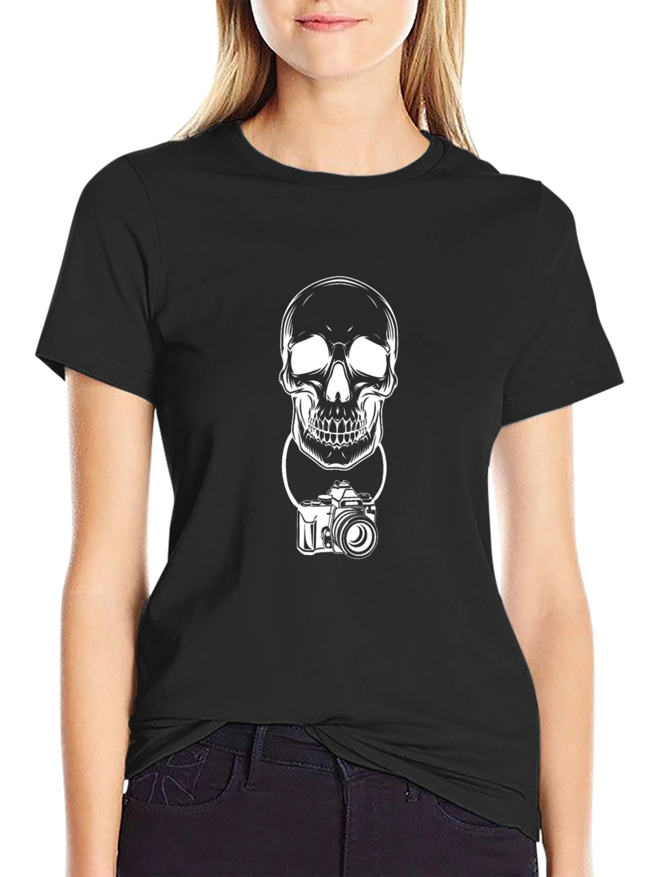 Skull & Camera Graphic Print Black T-Shirt