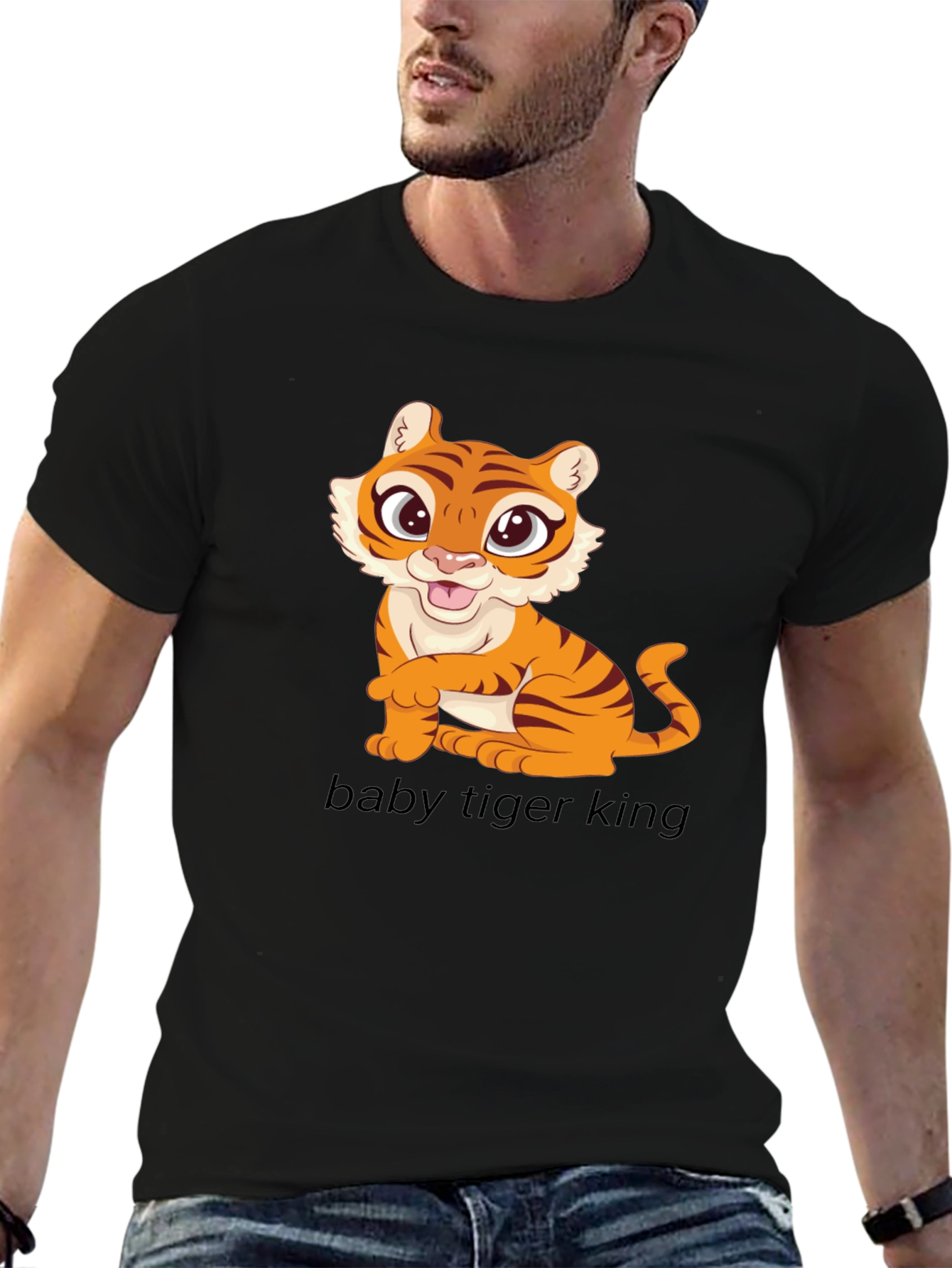Cute Baby Tiger Graphic Tee - Black Cotton T-Shirt