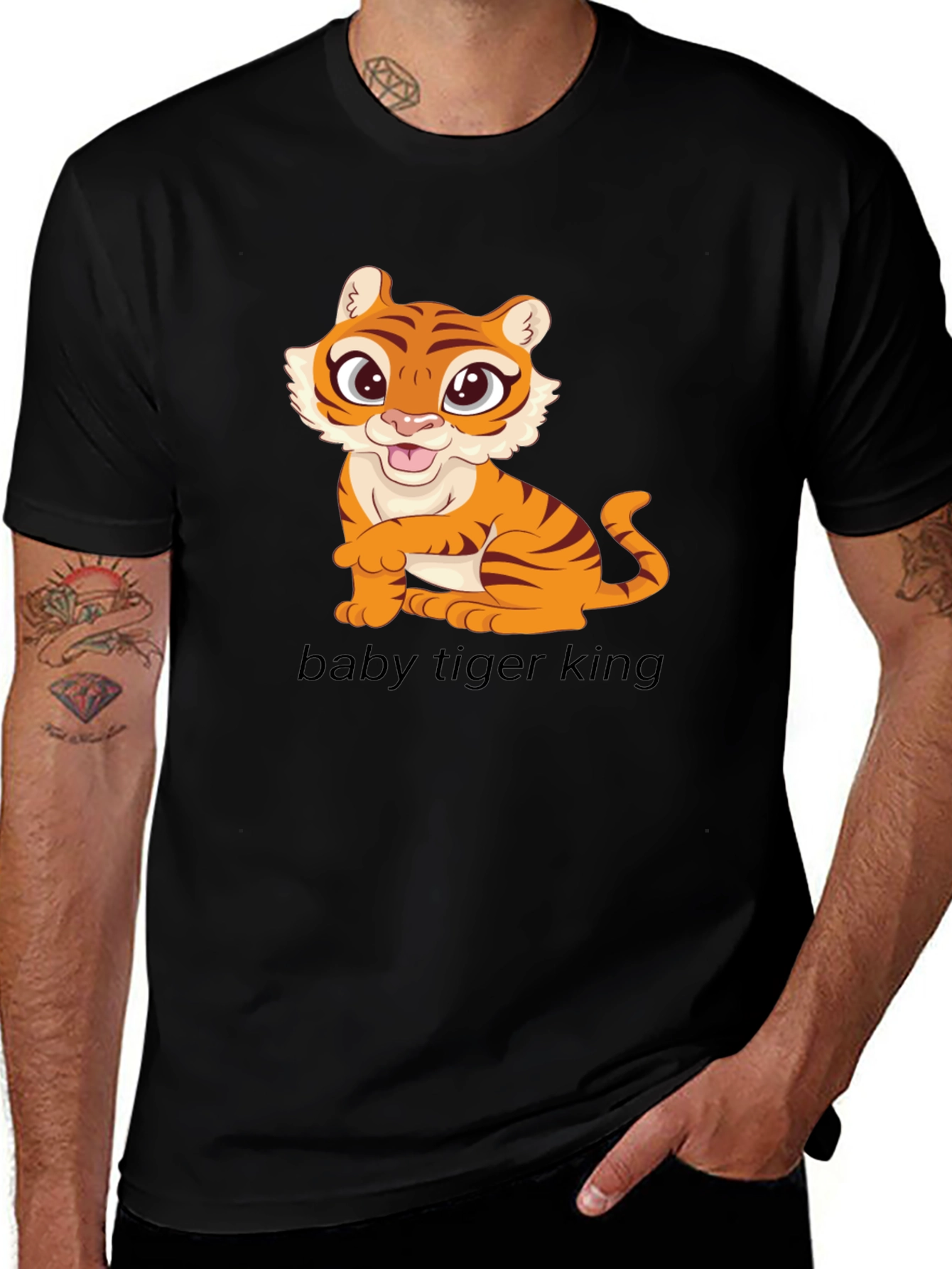 Cute Baby Tiger Graphic Tee - Black Cotton T-Shirt