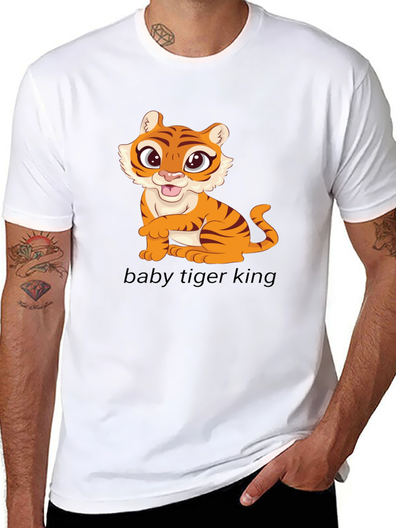 Cute Baby Tiger Graphic Tee - Black Cotton T-Shirt