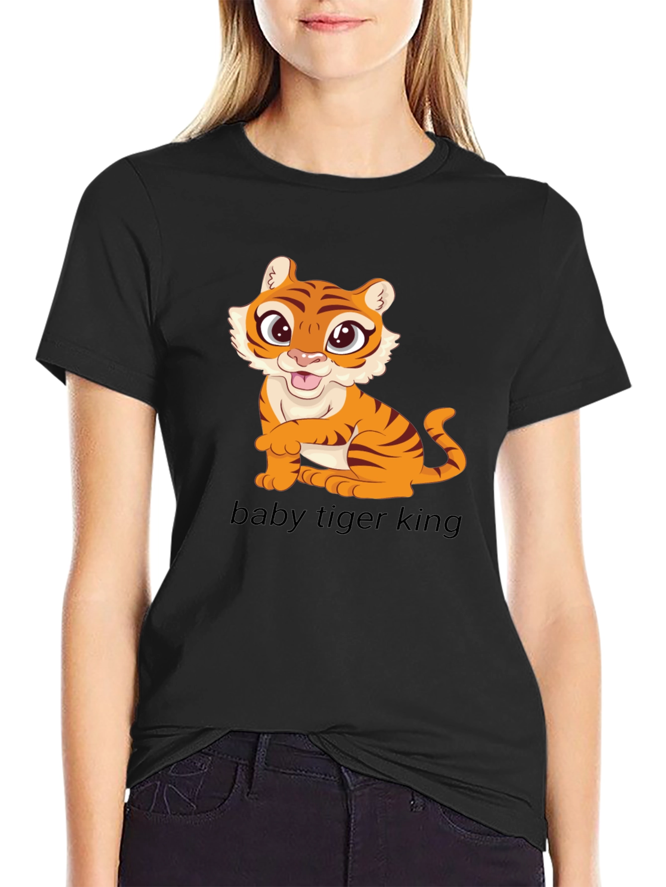 Cute Baby Tiger Graphic Tee - Black Cotton T-Shirt