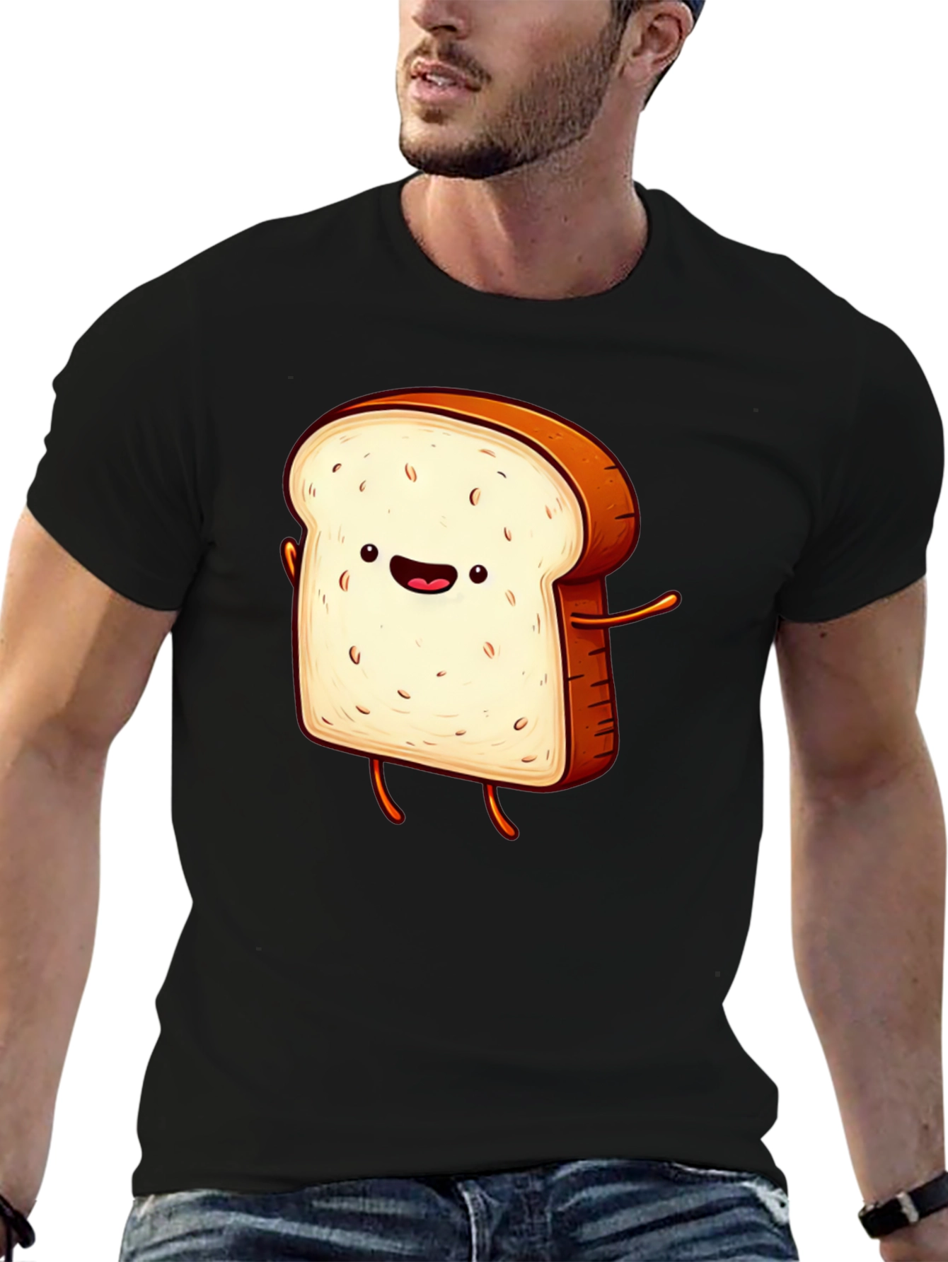 Funny Cartoon Toast Graphic Tee - Black T-Shirt