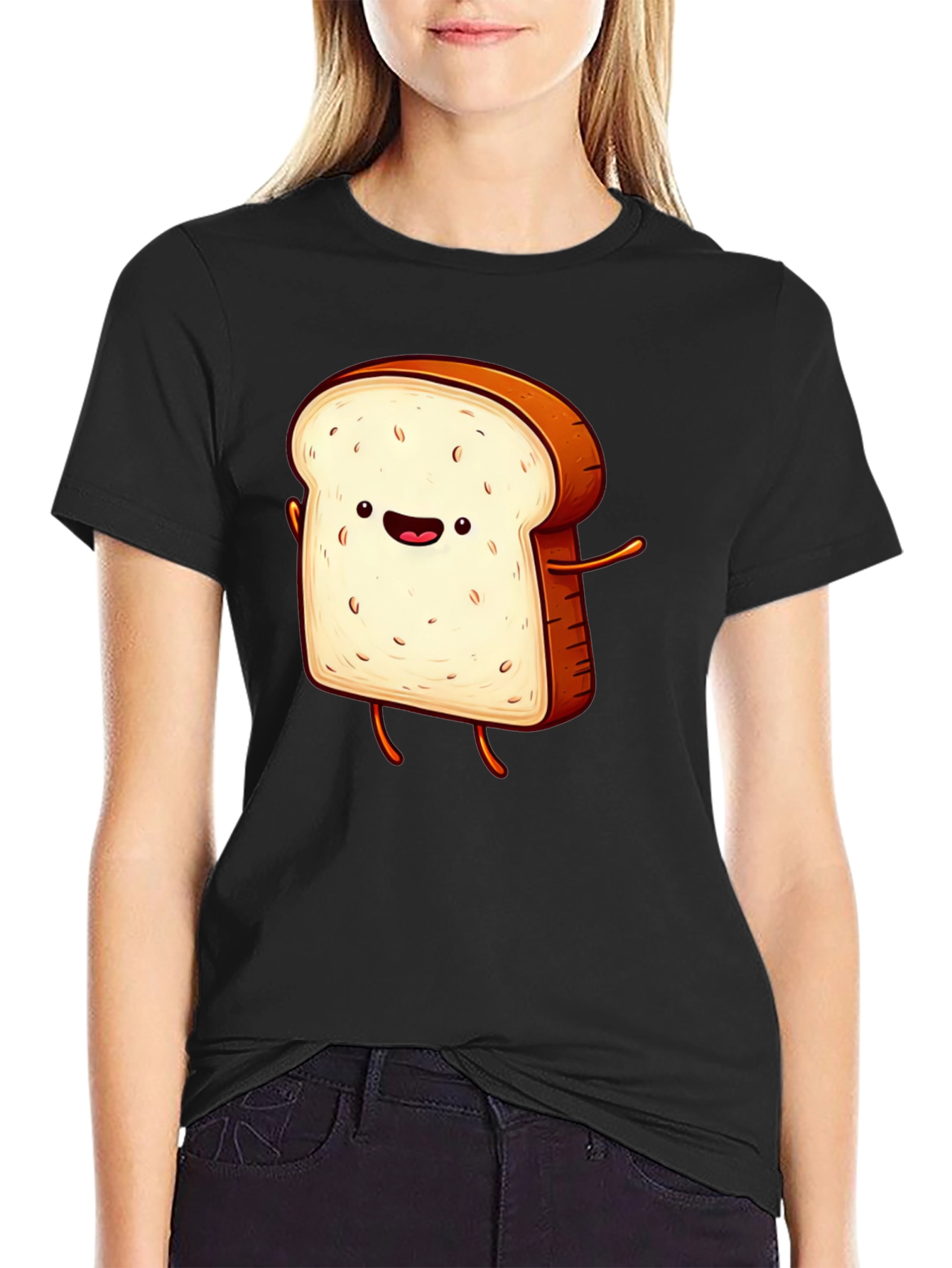 Funny Cartoon Toast Graphic Tee - Black T-Shirt