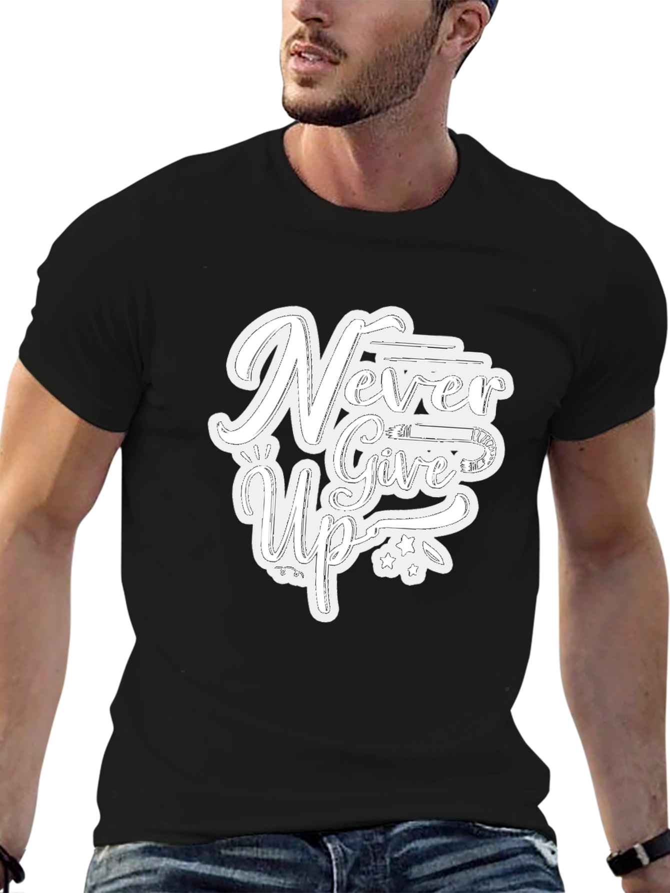 Never Give Up Graphic Print T-Shirt - Black