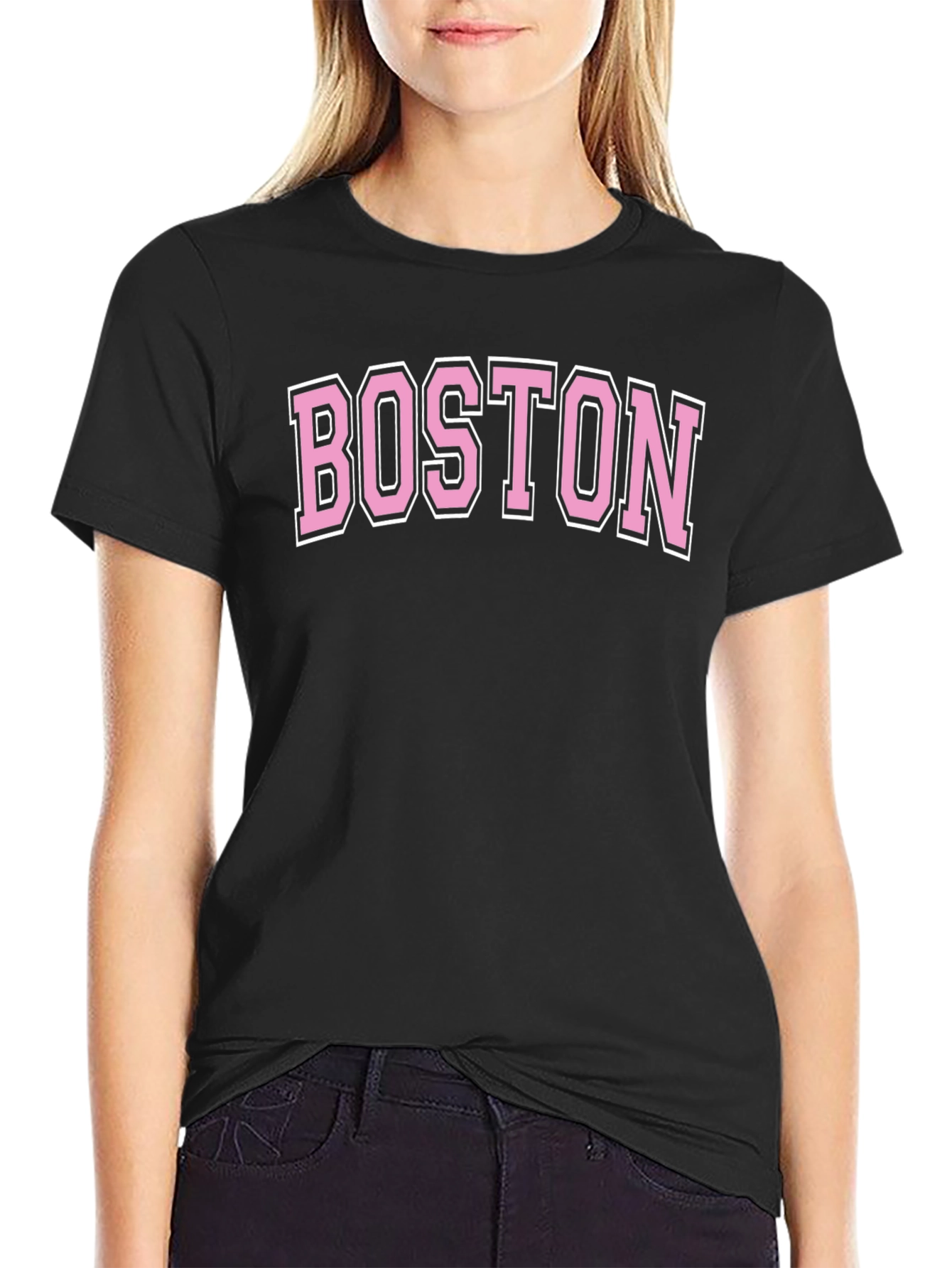 Boston Pink Letter Graphic Black T-Shirt