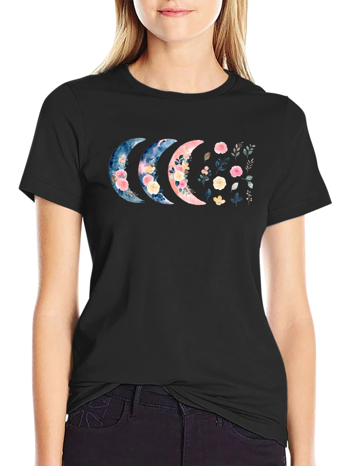 Floral Moon Phases Black T-Shirt