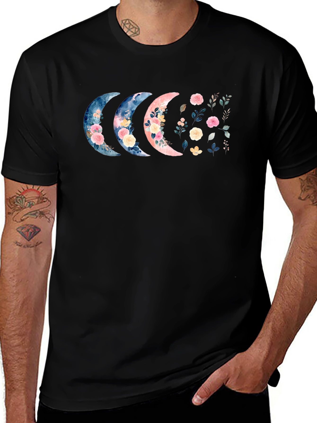 Floral Moon Phases Black T-Shirt