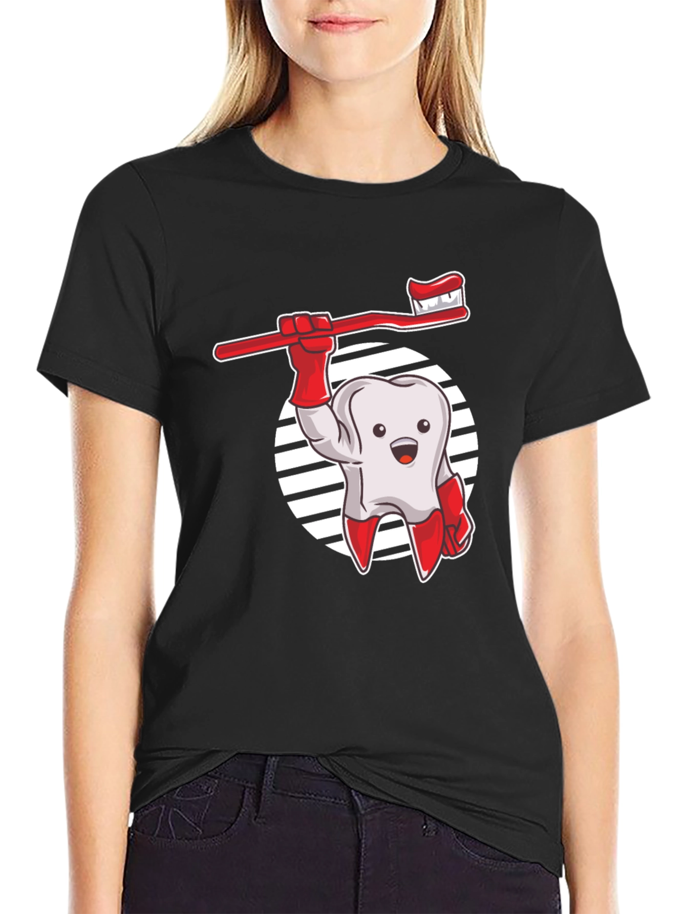 Cartoon Tooth & Toothbrush Graphic T-Shirt