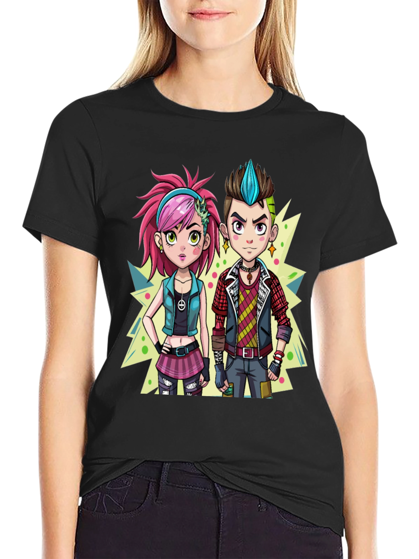 Cartoon Couple Black Graphic Tee