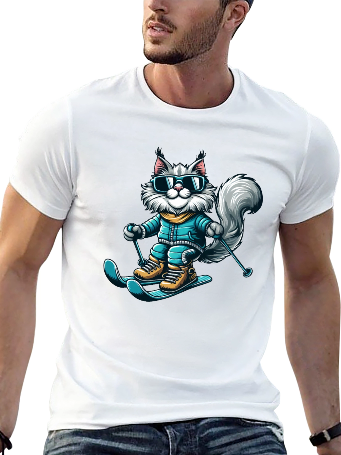 Skiing Cat T-Shirt - Fun Winter Apparel