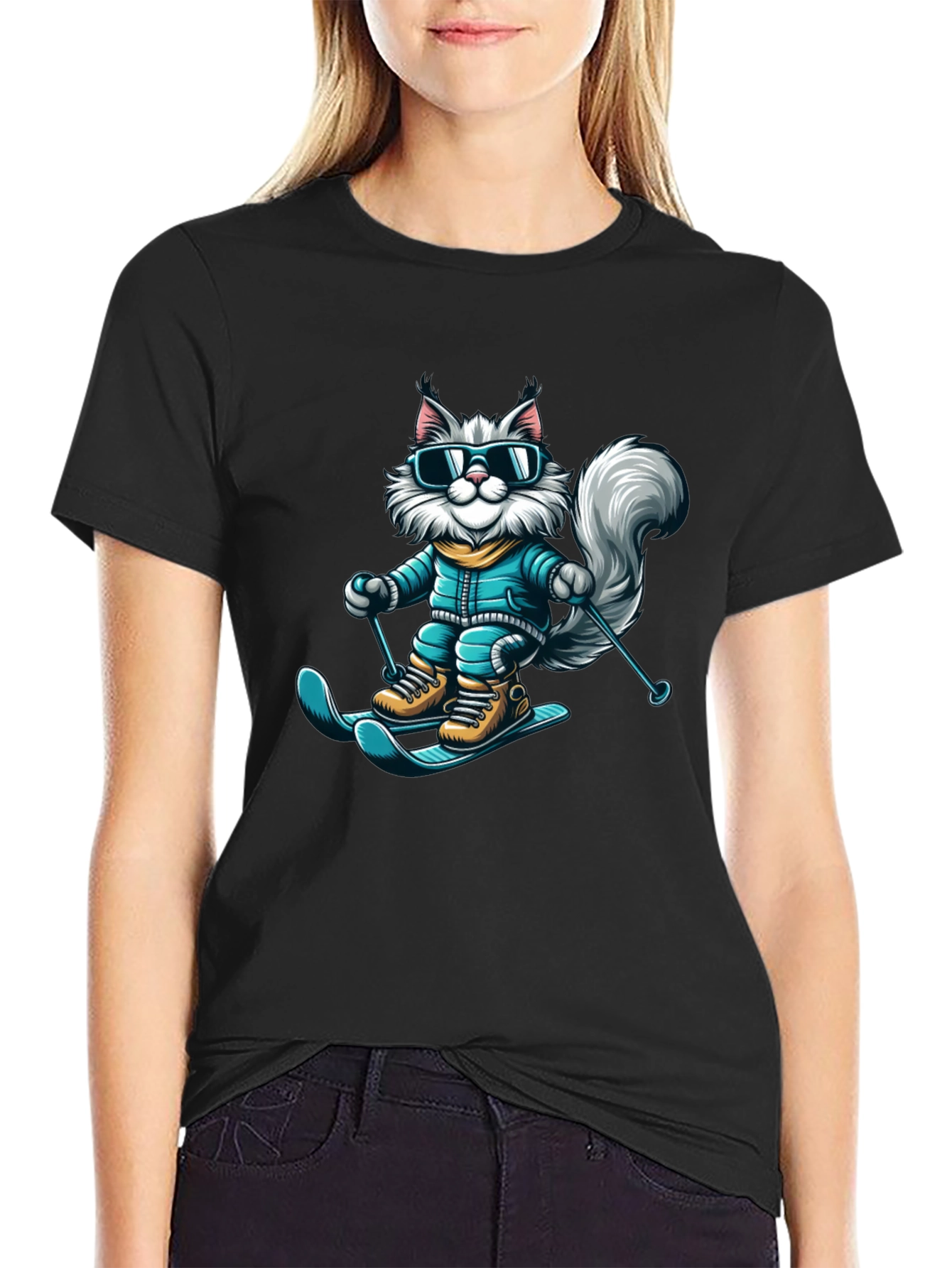 Skiing Cat T-Shirt - Fun Winter Apparel