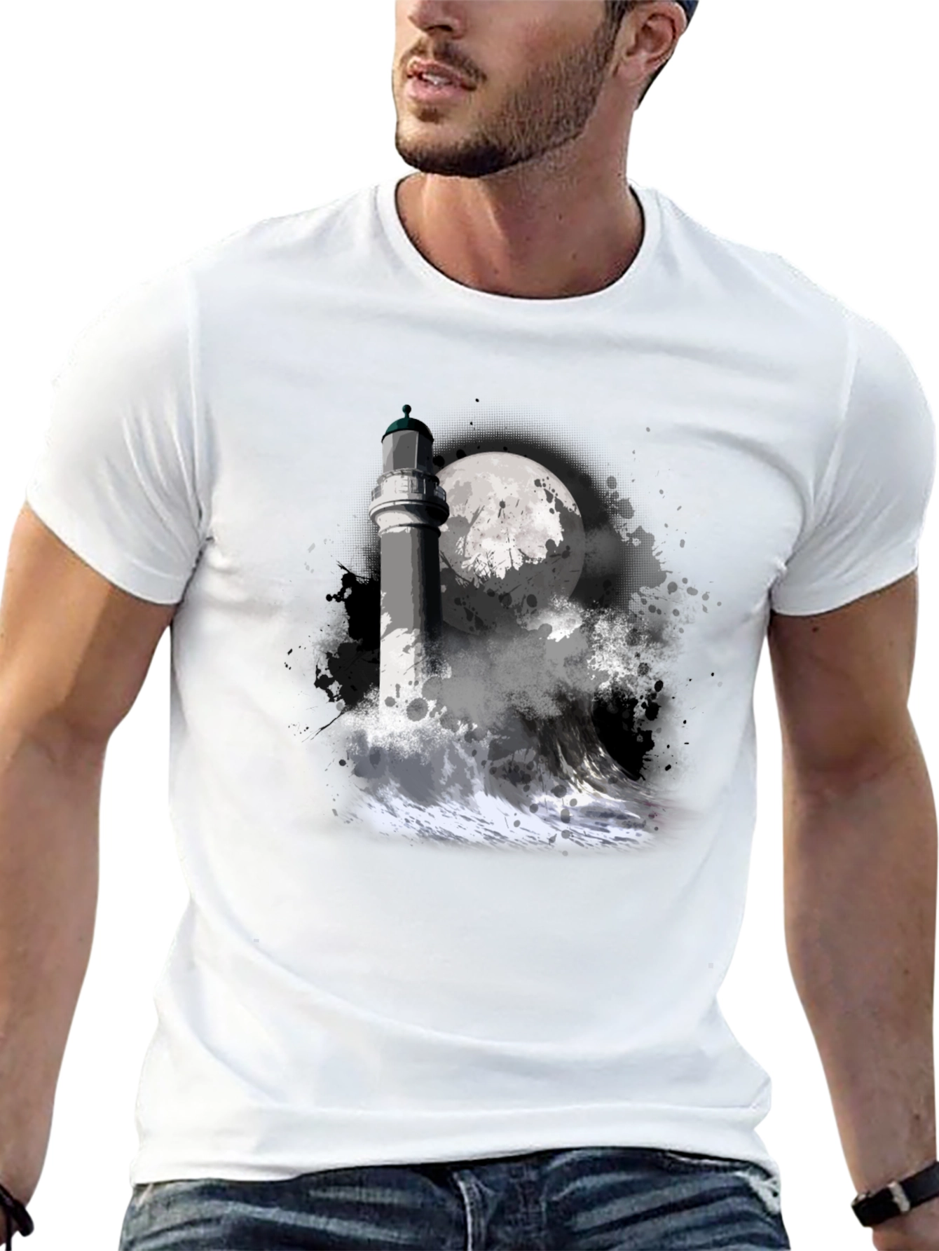 Lighthouse & Moon Graphic Tee - Black Cotton T-Shirt