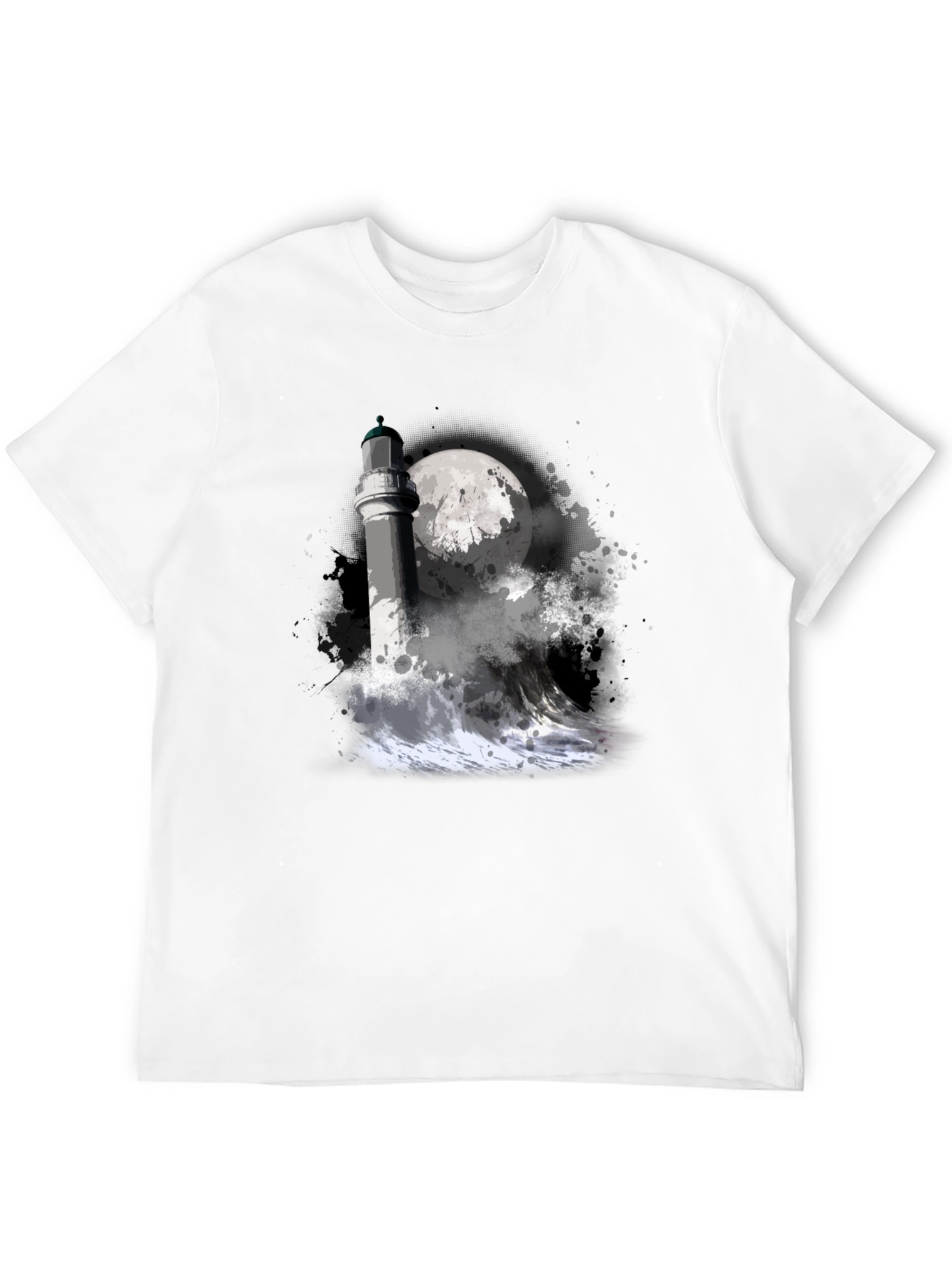 Lighthouse & Moon Graphic Tee - Black Cotton T-Shirt