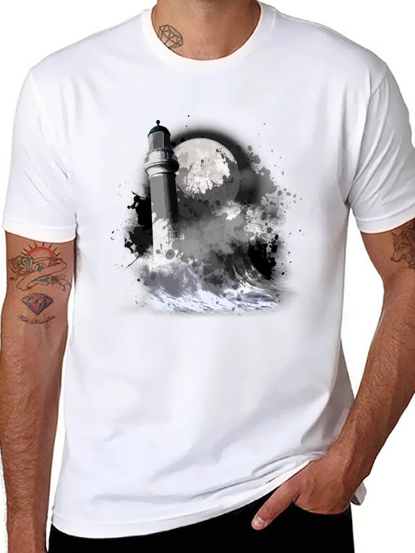 Lighthouse & Moon Graphic Tee - Black Cotton T-Shirt