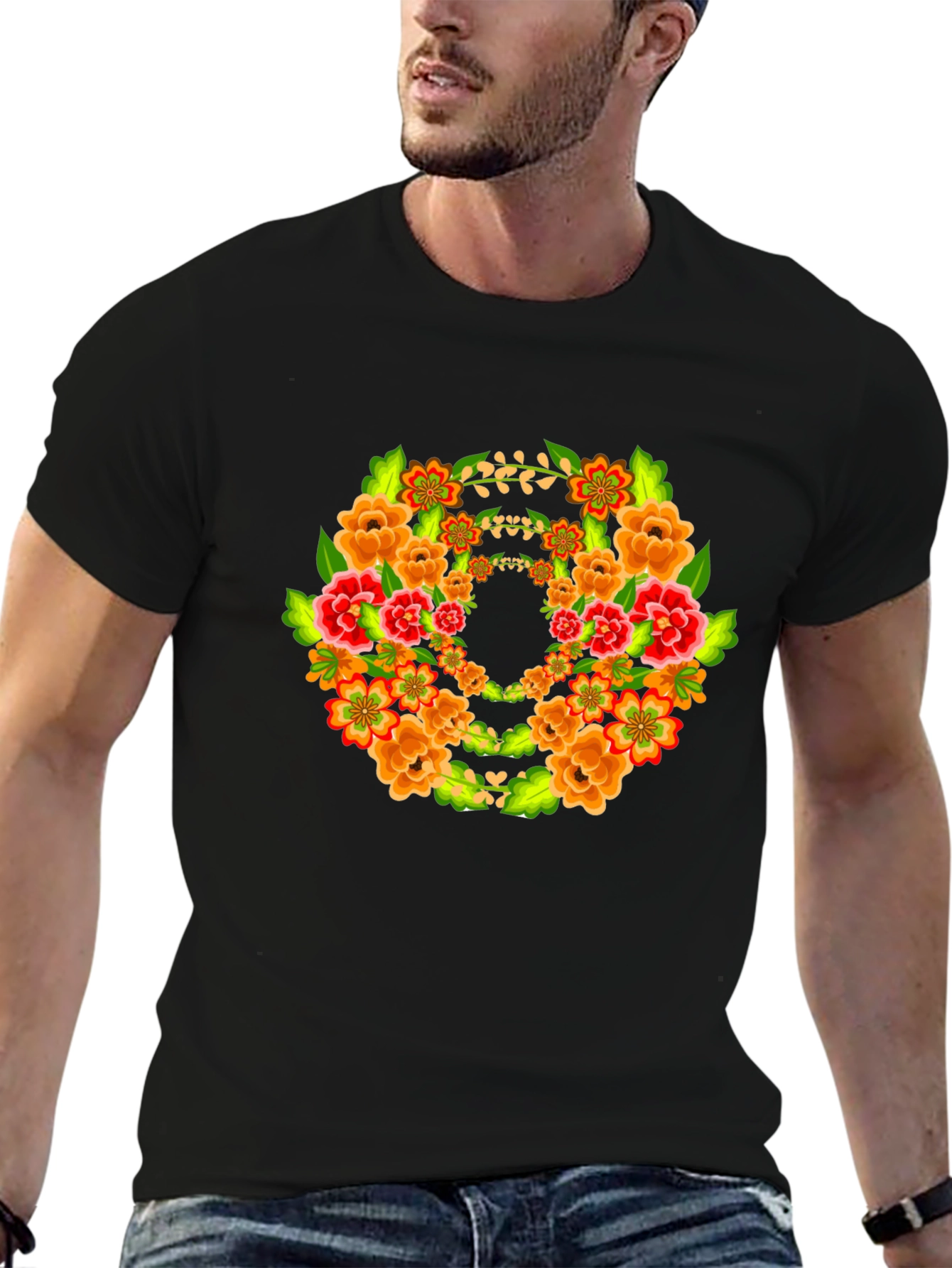 Floral Wreath Graphic Black T-Shirt