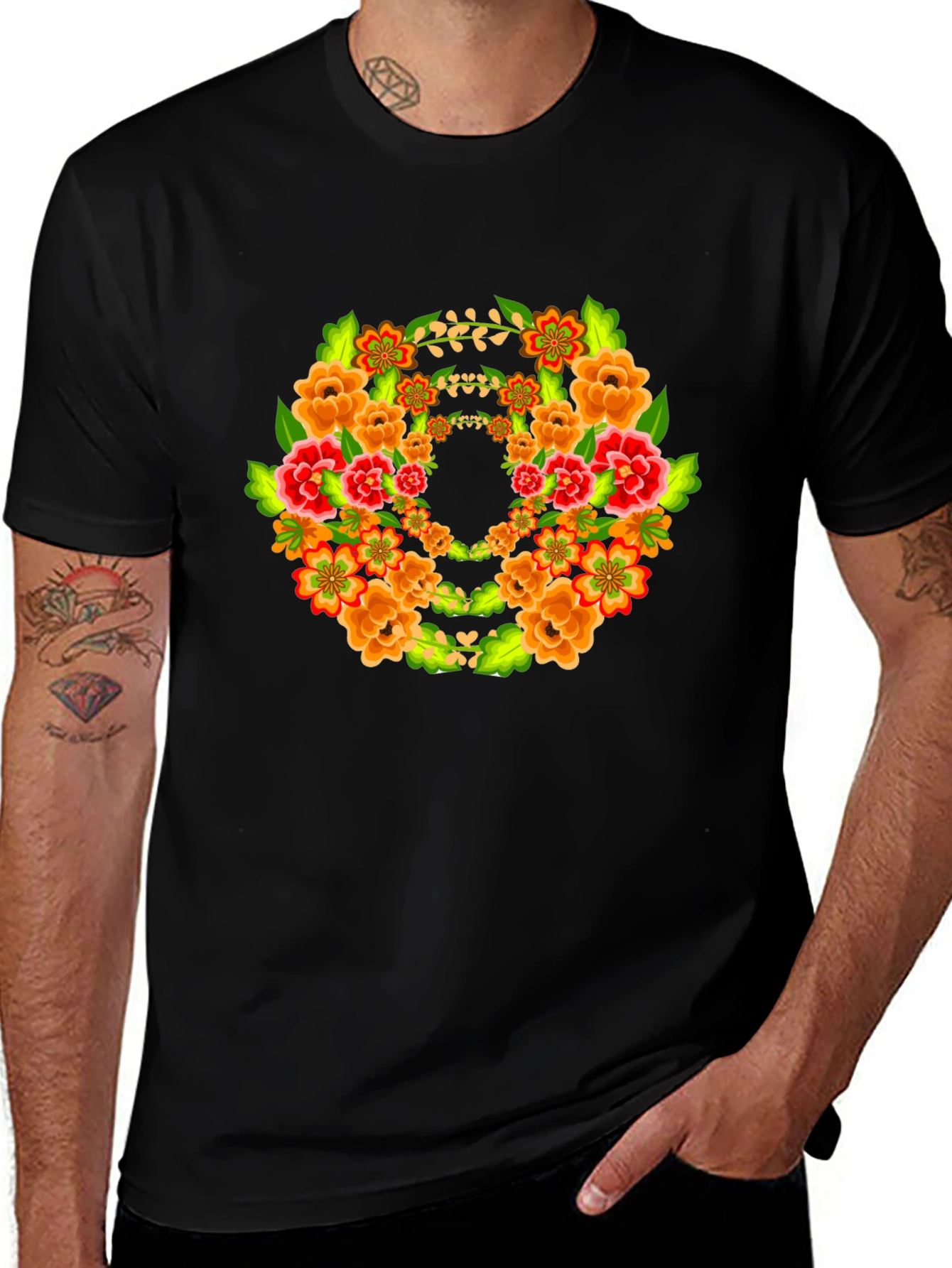 Floral Wreath Graphic Black T-Shirt