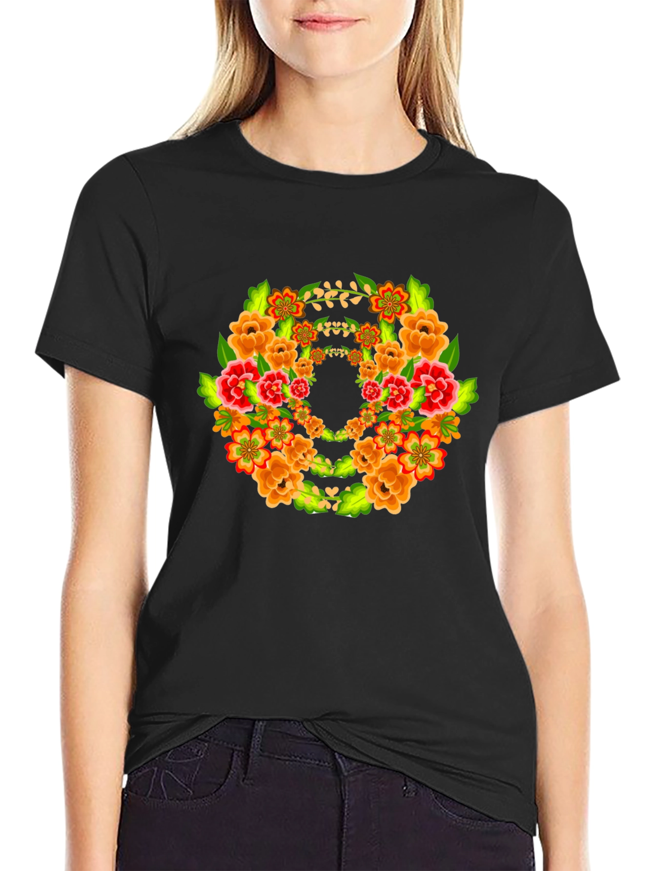 Floral Wreath Graphic Black T-Shirt