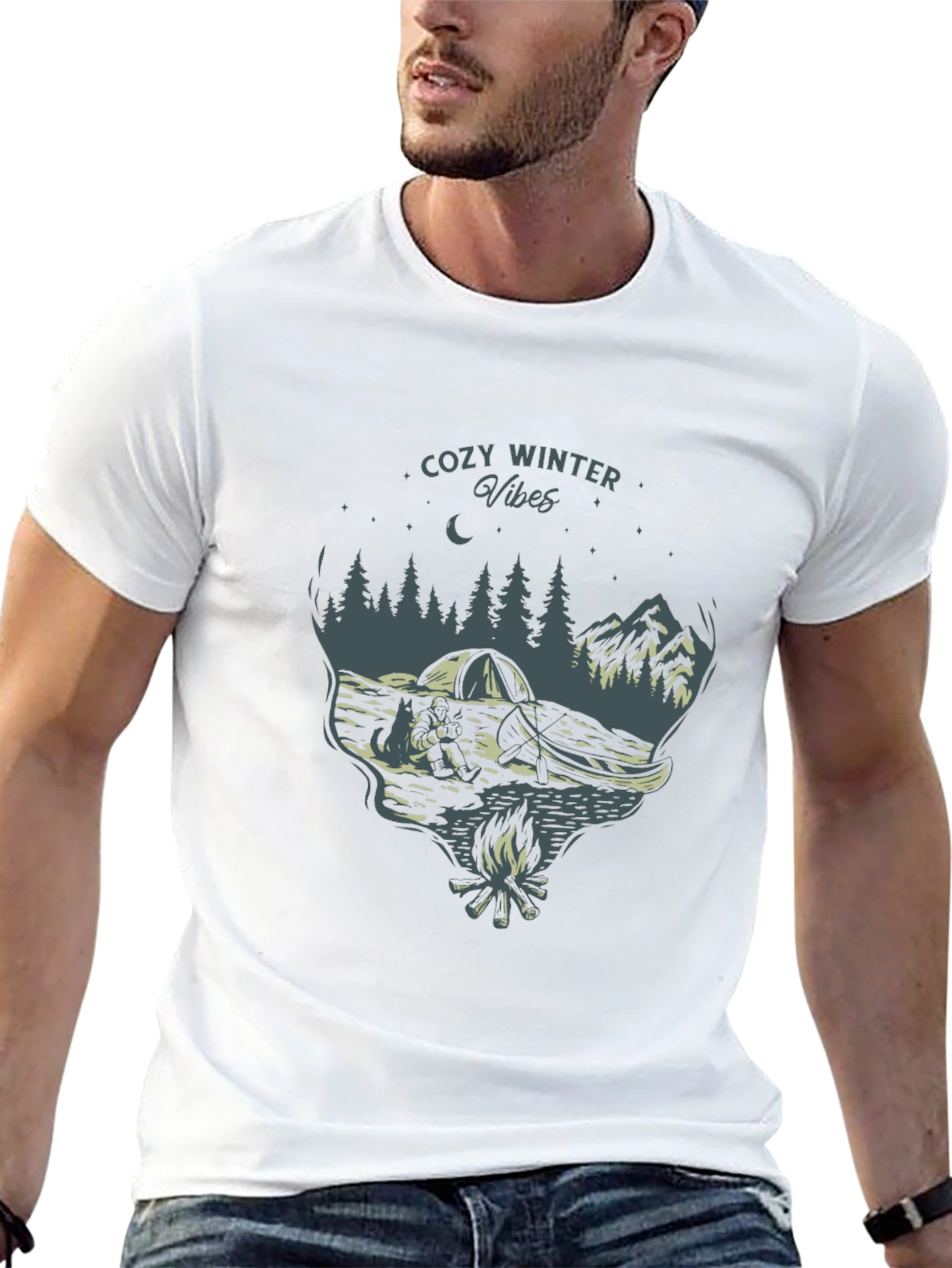 Cozy Winter Vibes Graphic Tee - Nature Campfire Design