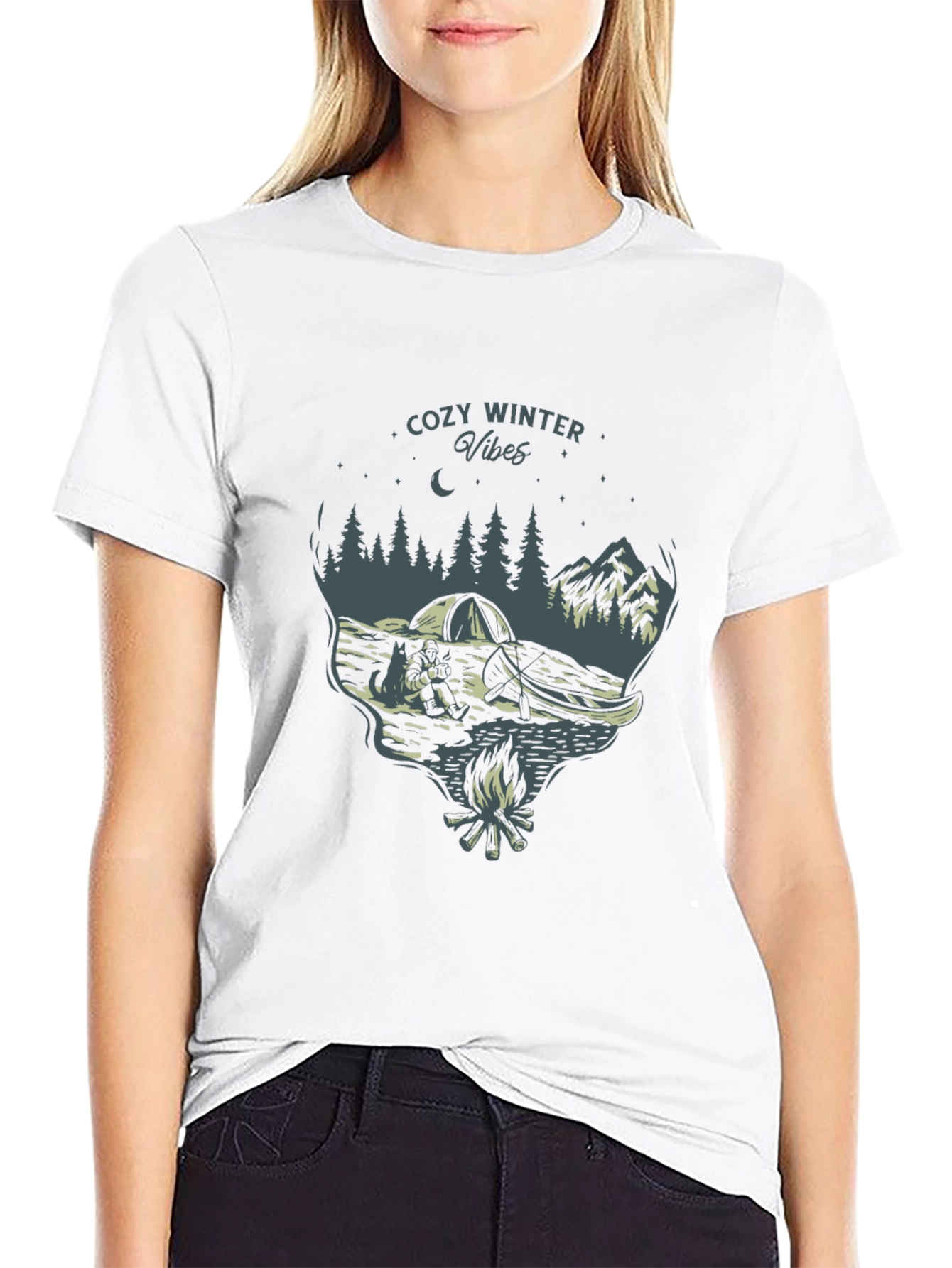 Cozy Winter Vibes Graphic Tee - Nature Campfire Design