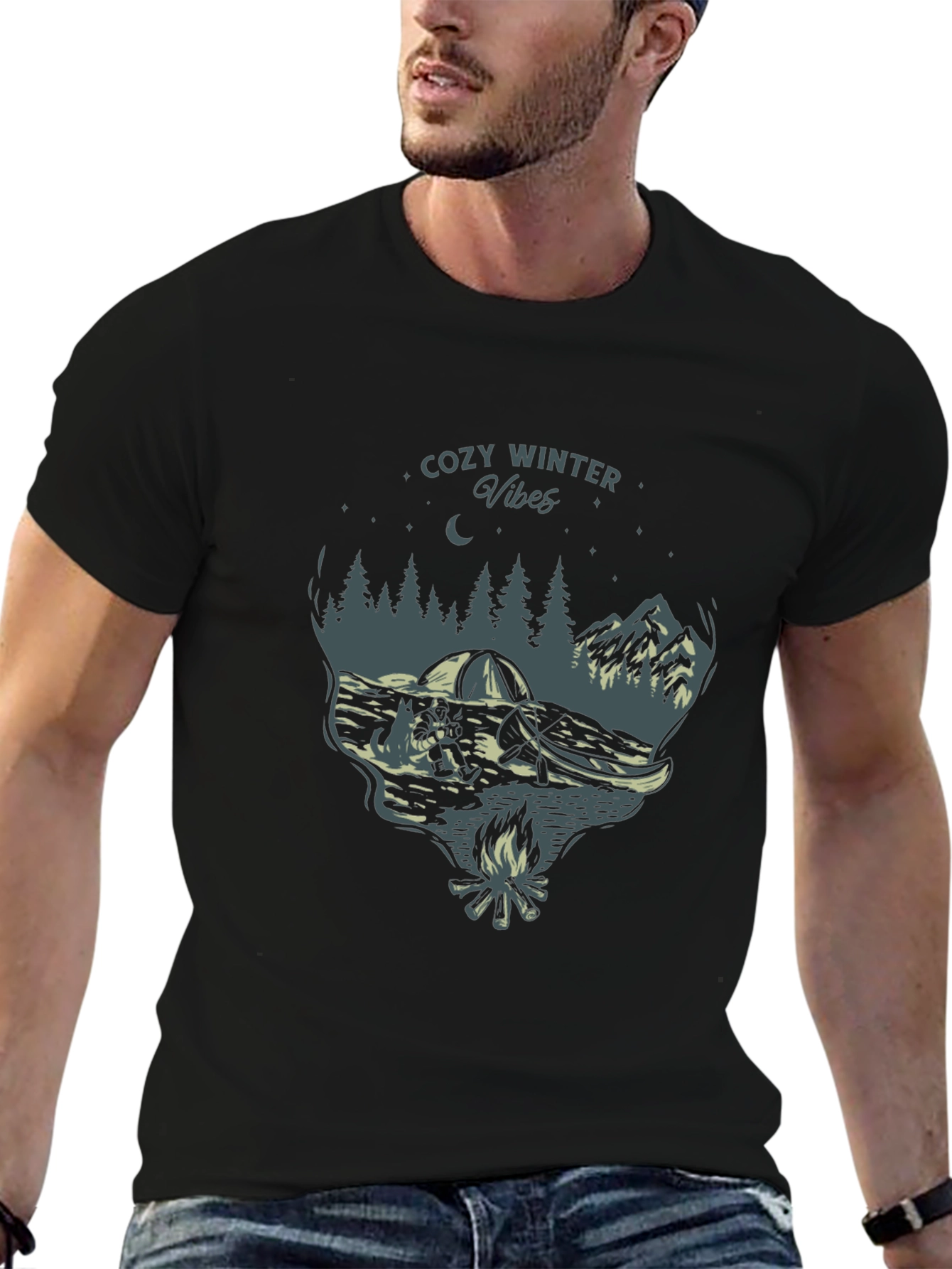 Cozy Winter Vibes Graphic Tee - Nature Campfire Design
