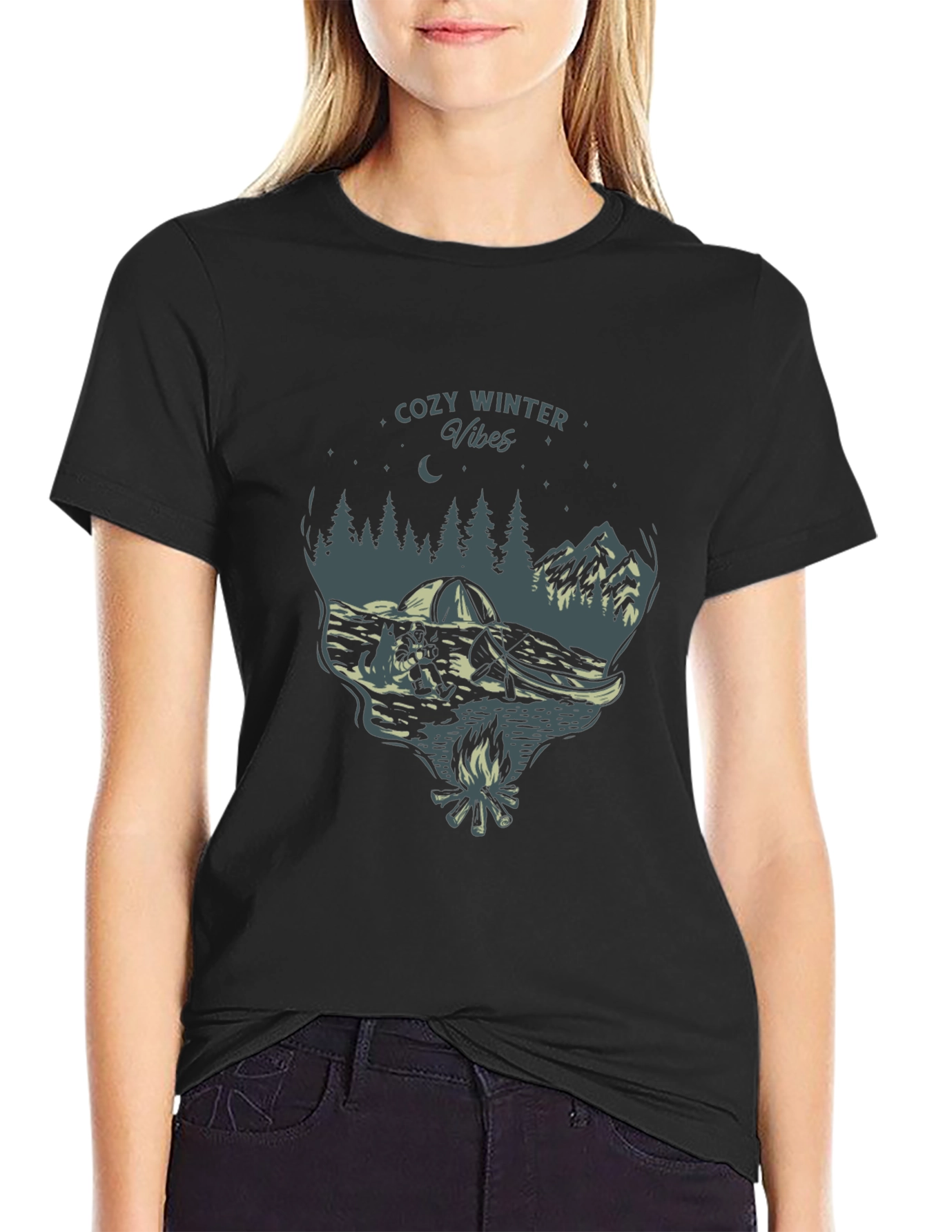 Cozy Winter Vibes Graphic Tee - Nature Campfire Design