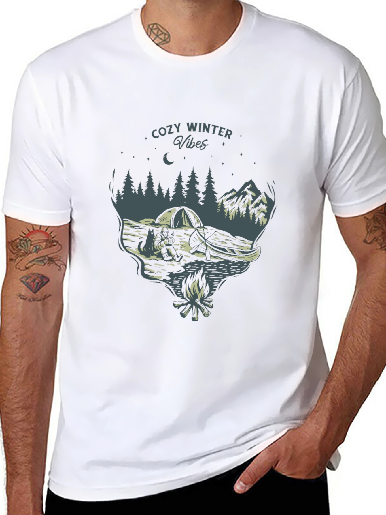 Cozy Winter Vibes Graphic Tee - Nature Campfire Design