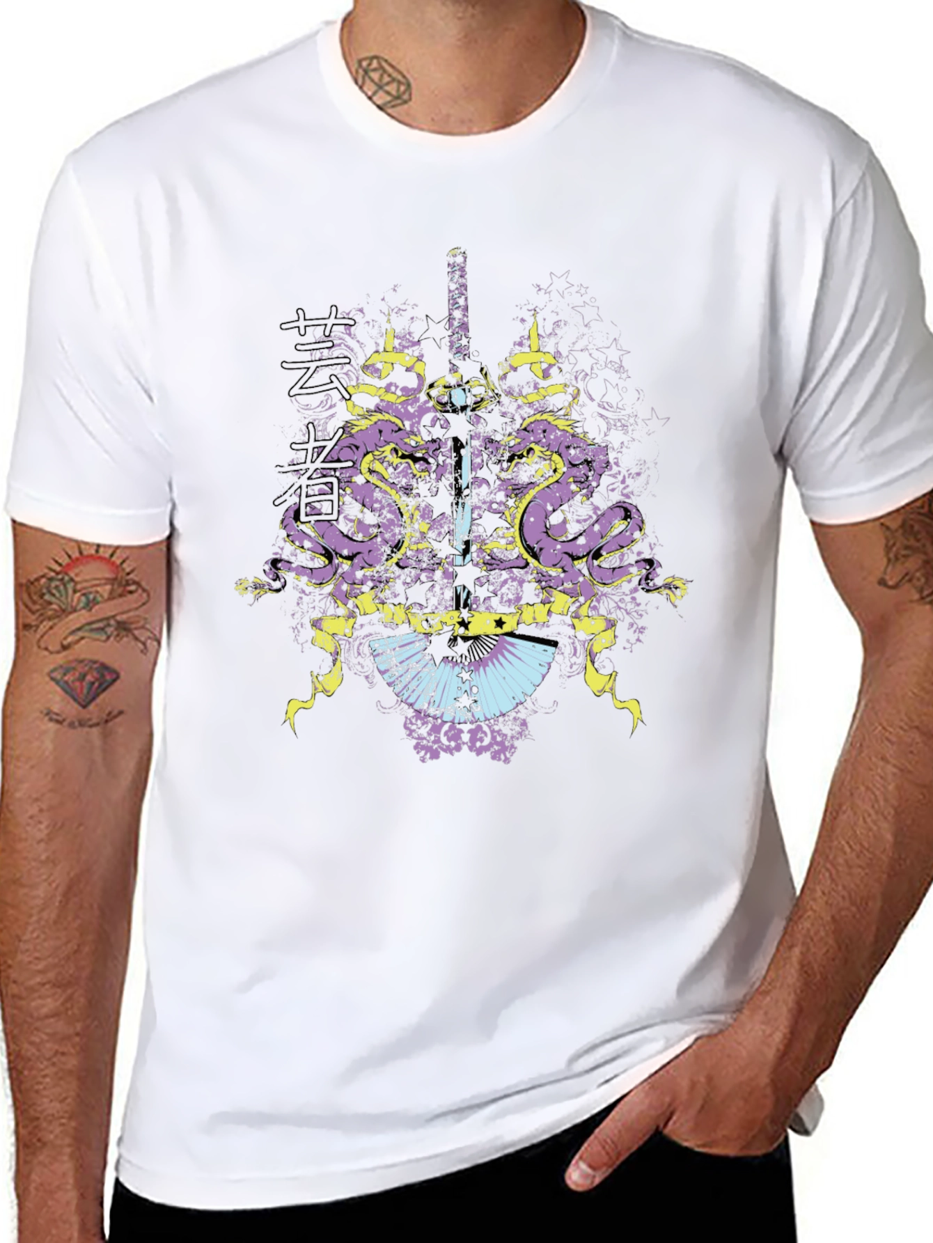 Mens Black Graphic T-Shirt: Dragon & Sword