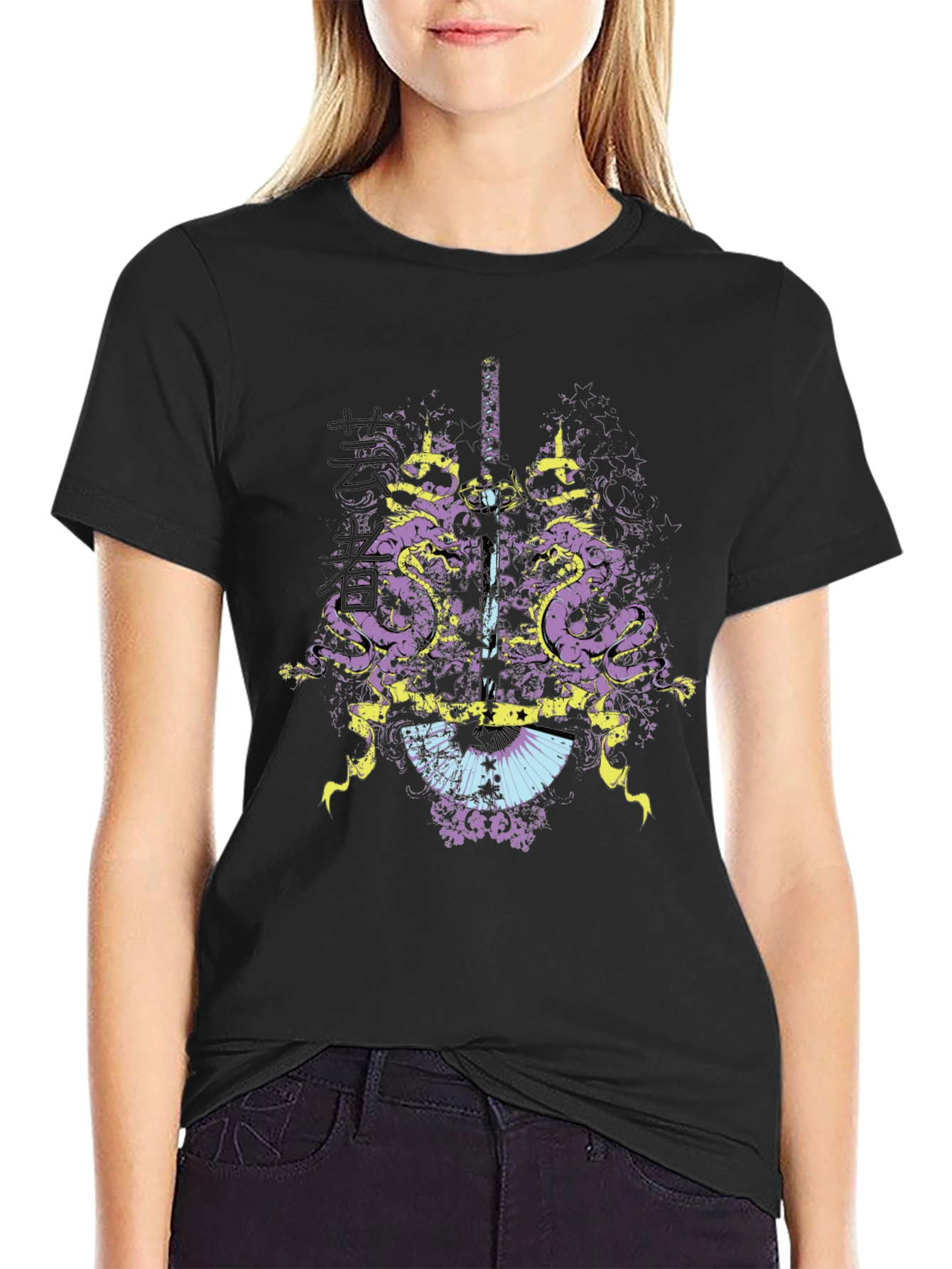 Mens Black Graphic T-Shirt: Dragon & Sword