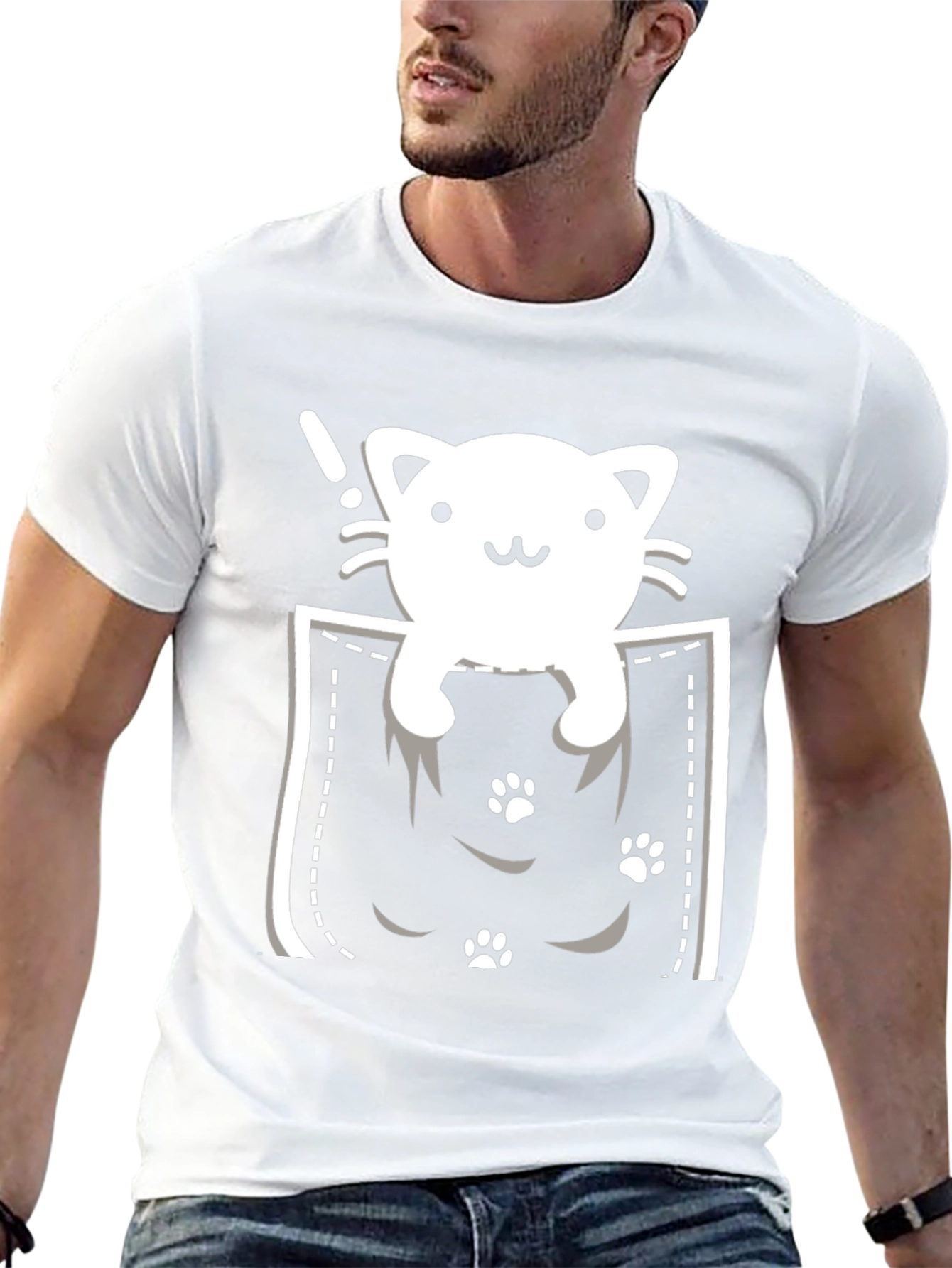 Cute Cat Pocket T-Shirt - Black Tee