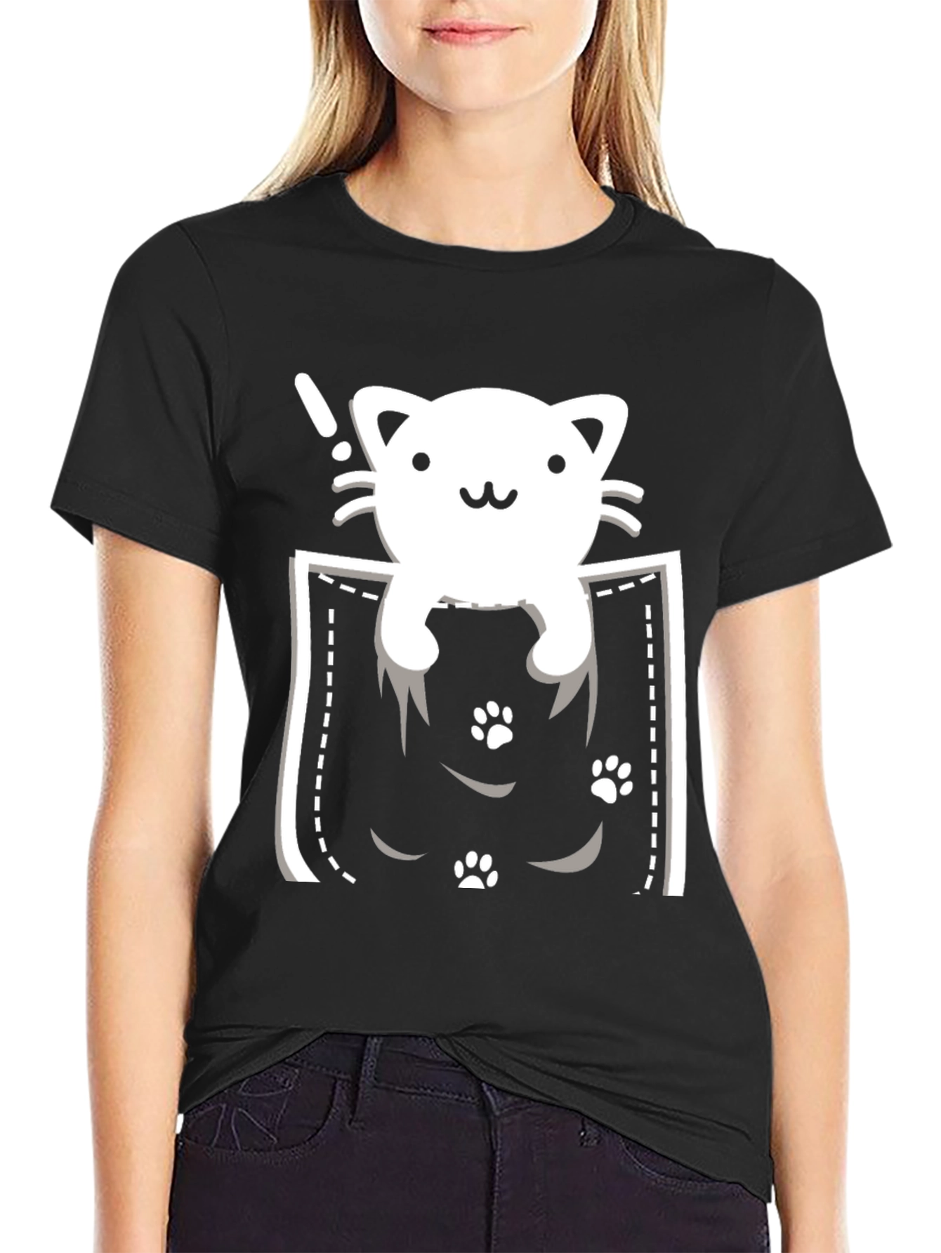 Cute Cat Pocket T-Shirt - Black Tee