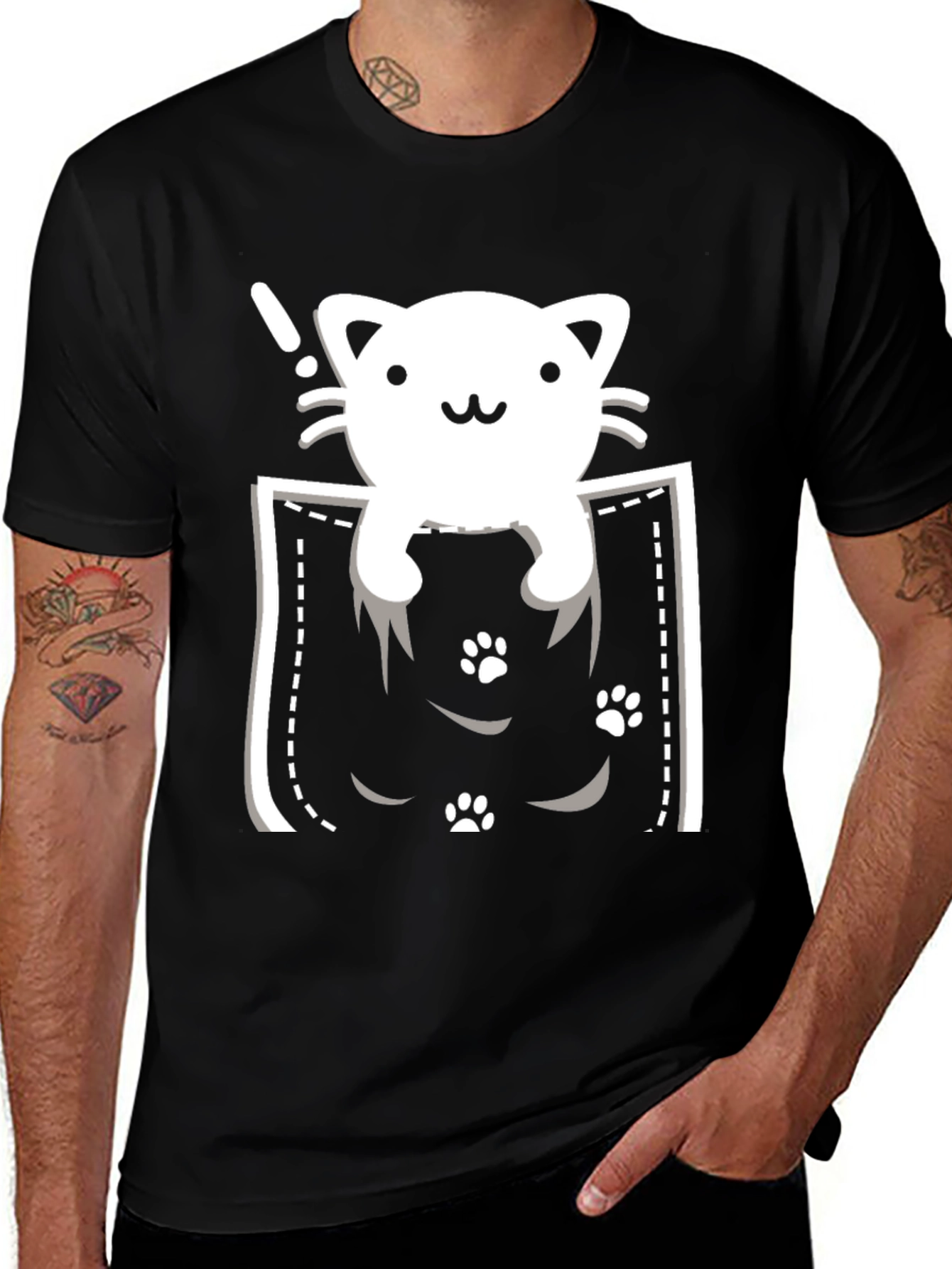 Cute Cat Pocket T-Shirt - Black Tee