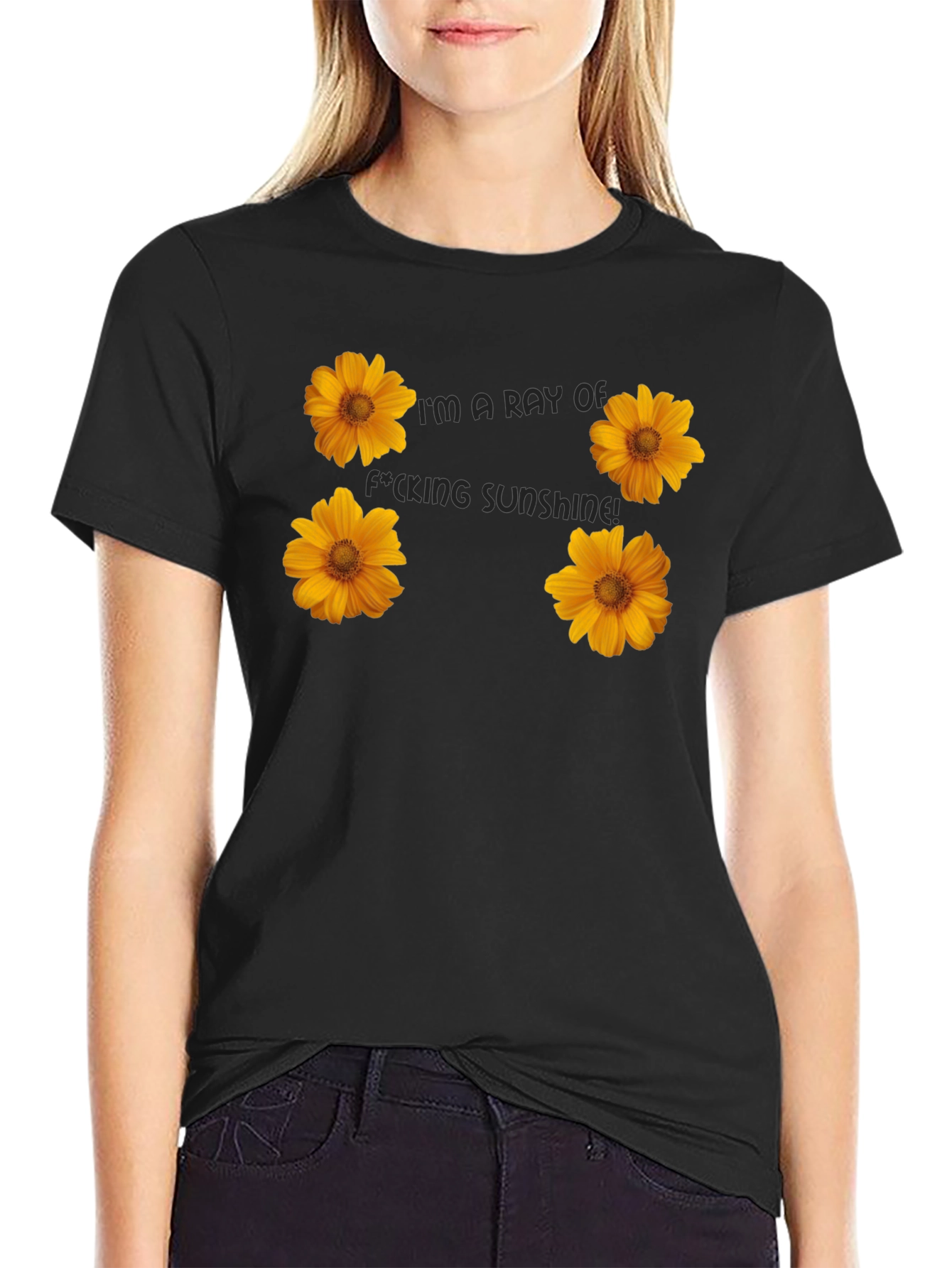 Floral Sunshine Graphic Tee - Black Cotton T-Shirt