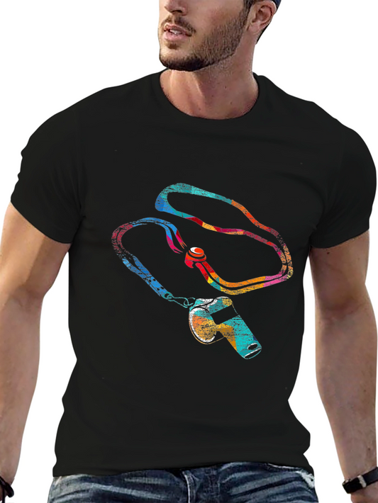 Colorful Whistle Graphic Tee - Black Cotton Shirt