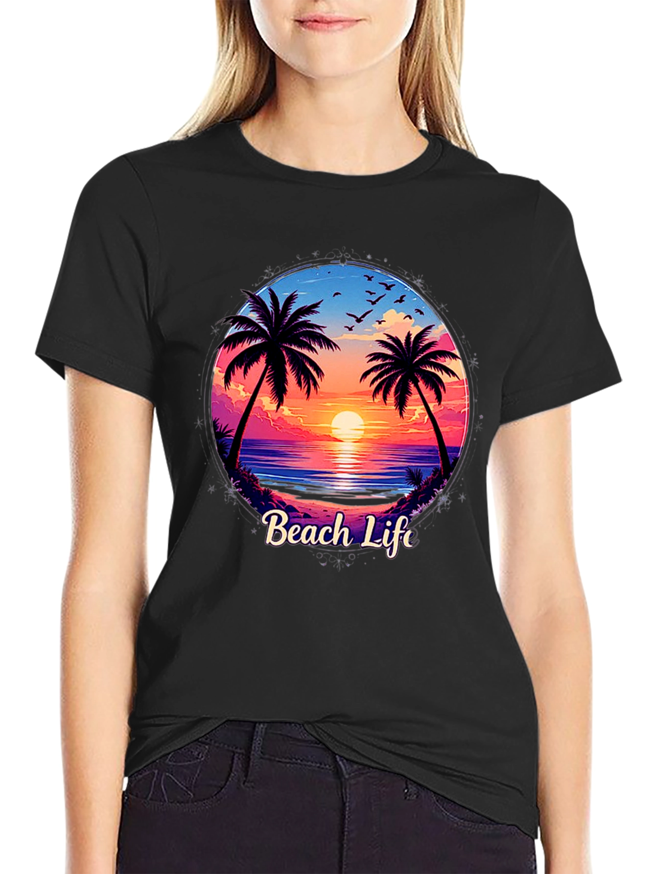Beach Life Graphic Tee - Sunset Palm Tree Design
