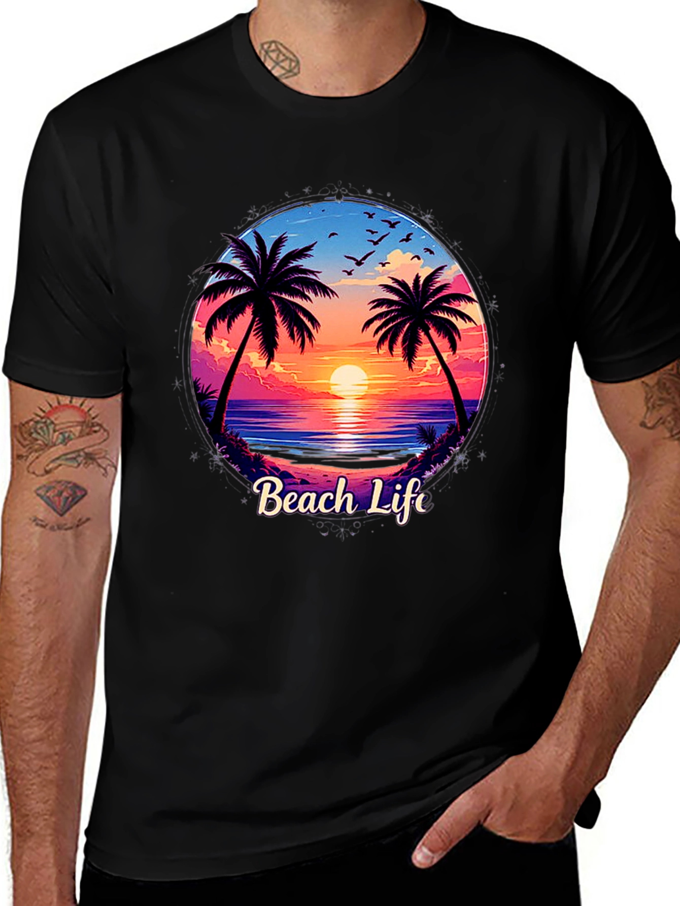 Beach Life Graphic Tee - Sunset Palm Tree Design