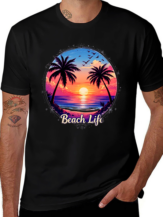 Beach Life Graphic Tee - Sunset Palm Tree Design
