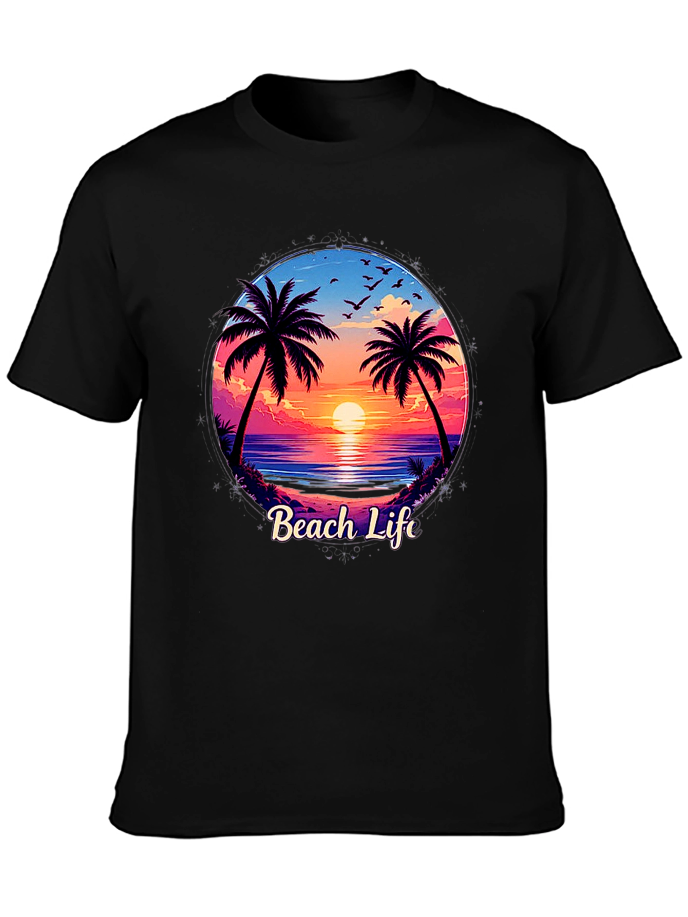 Beach Life Graphic Tee - Sunset Palm Tree Design
