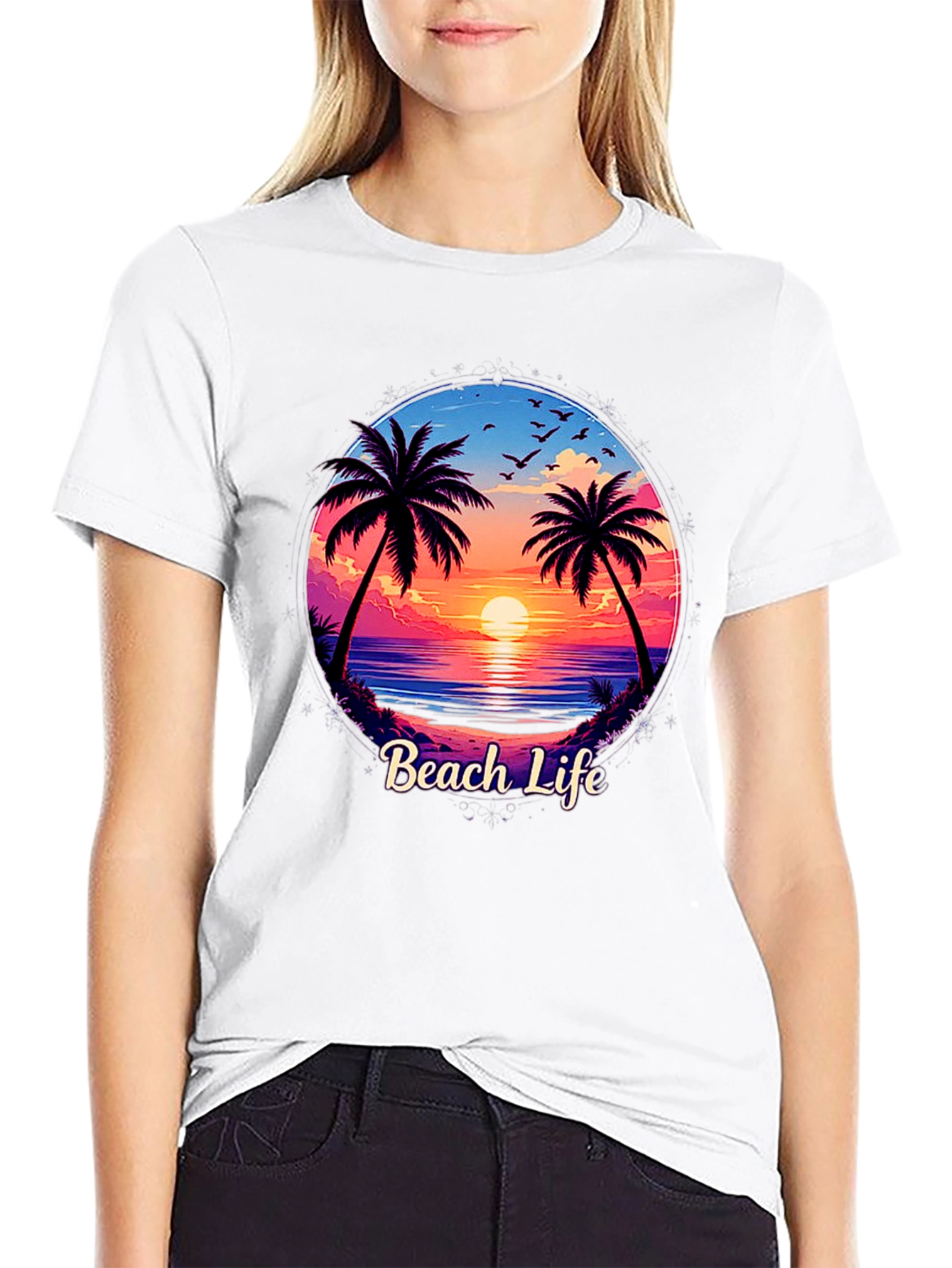 Beach Life Graphic Tee - Sunset Palm Tree Design
