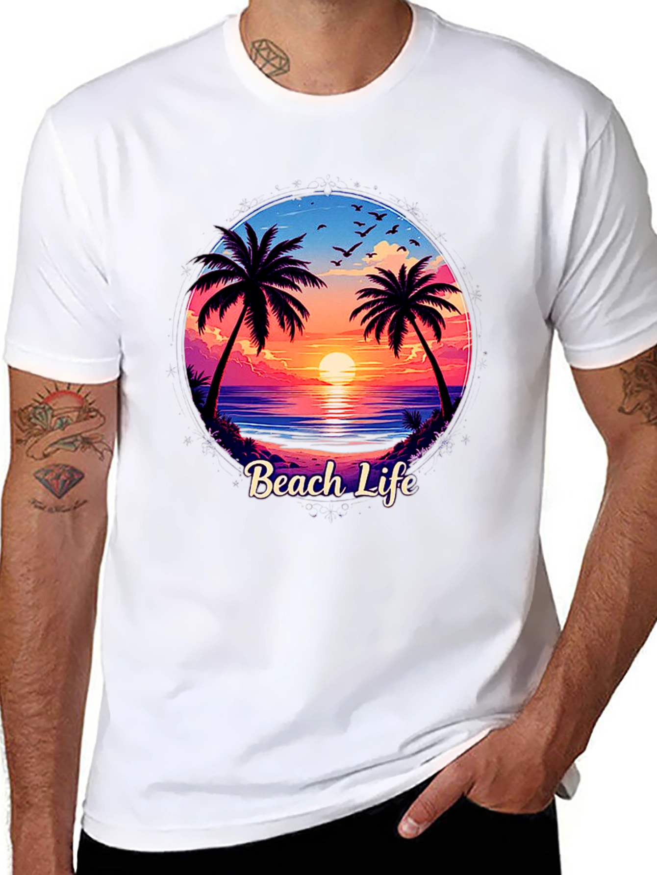 Beach Life Graphic Tee - Sunset Palm Tree Design