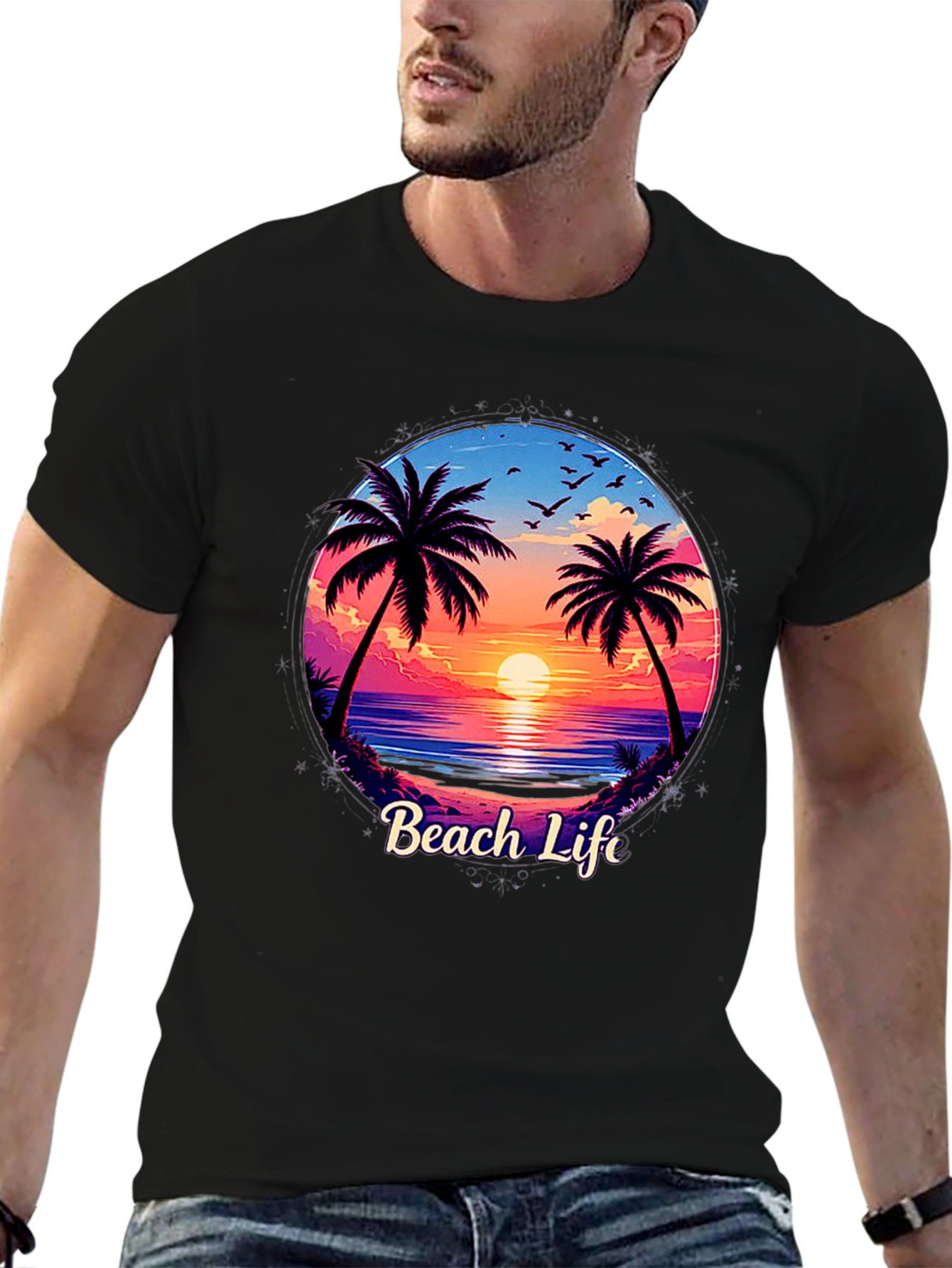 Beach Life Graphic Tee - Sunset Palm Tree Design