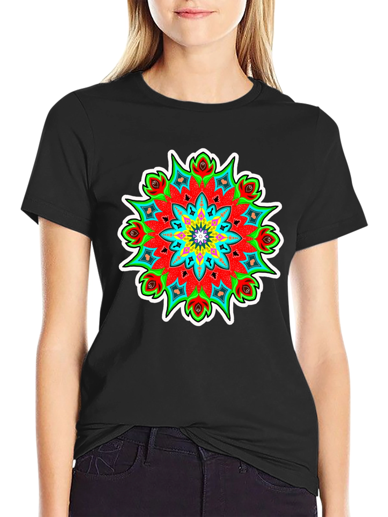 Vibrant Mandala Graphic Tee - Black