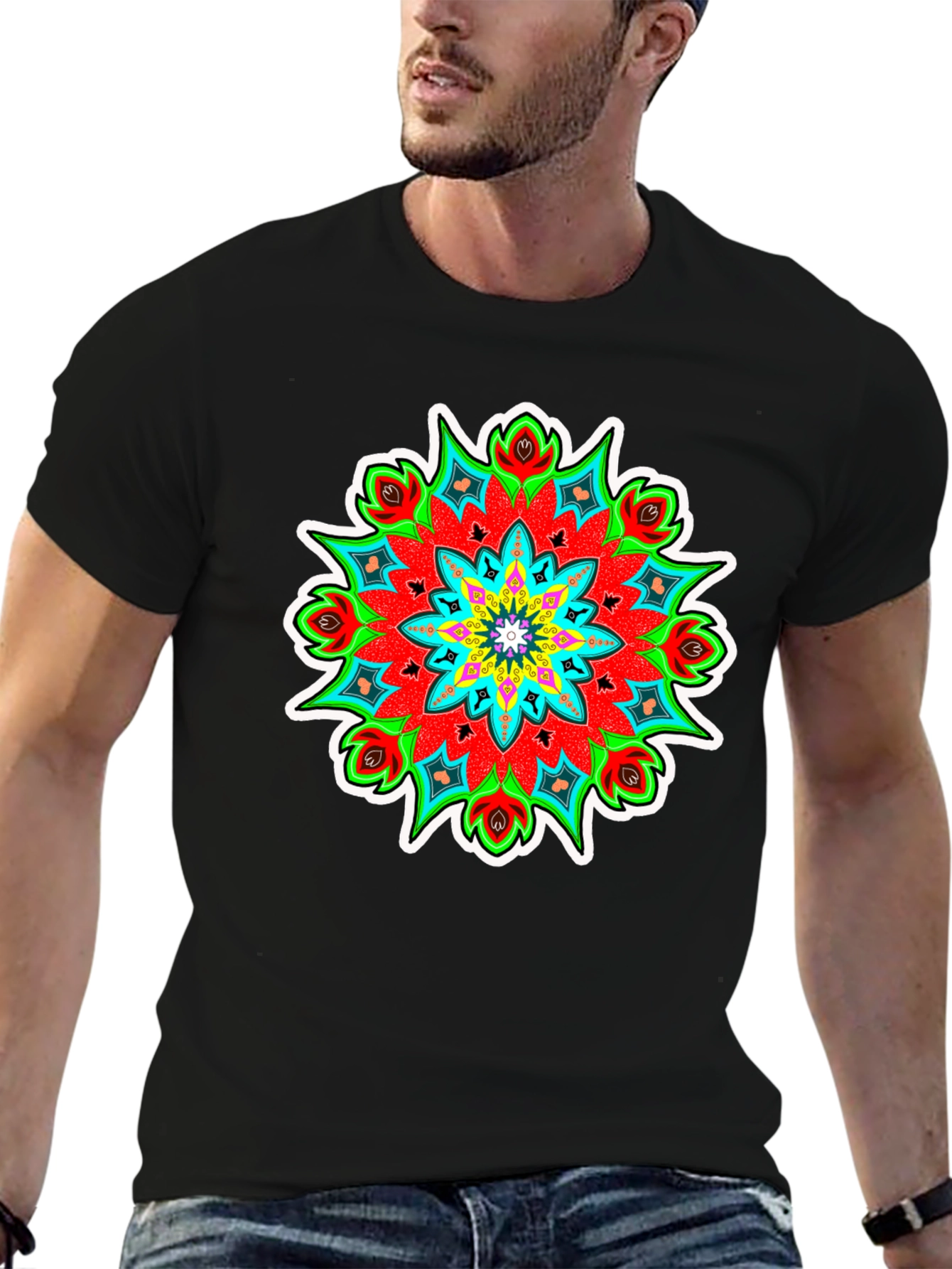 Vibrant Mandala Graphic Tee - Black