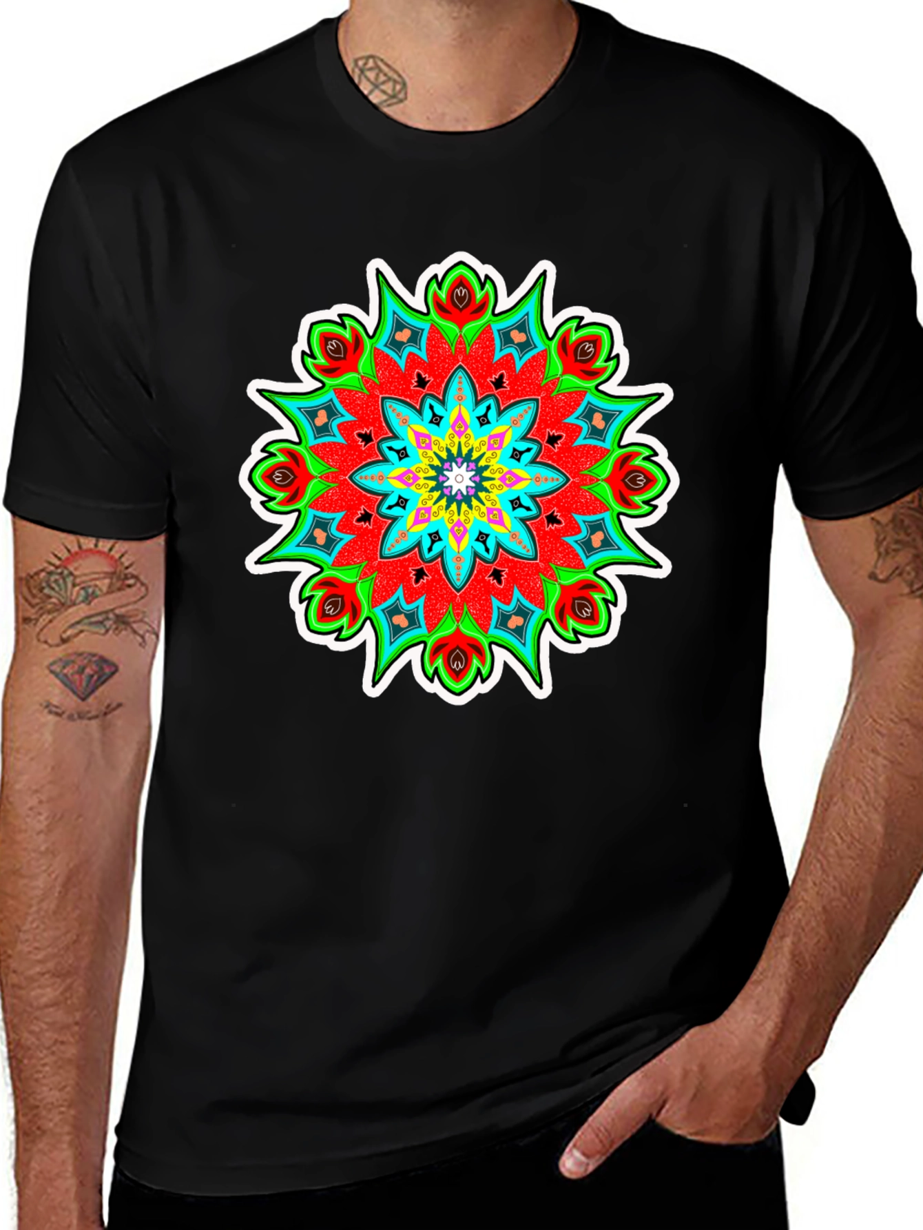 Vibrant Mandala Graphic Tee - Black
