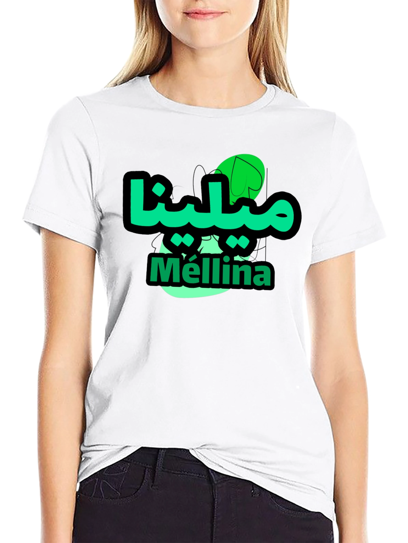Mellina Green Graphic T-Shirt - Casual Black Tee