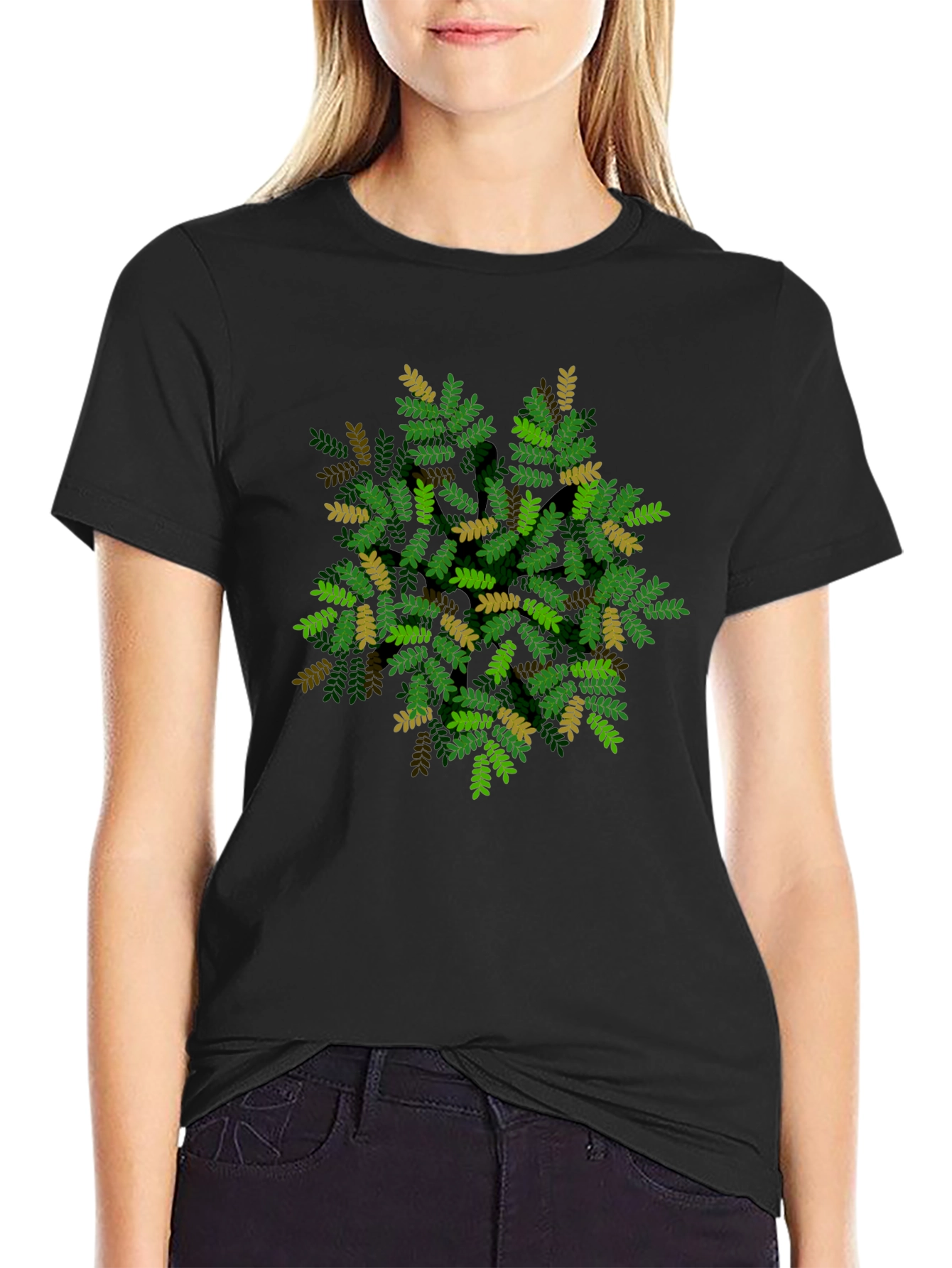Leaf Pattern Black T-Shirt - Nature Inspired Design